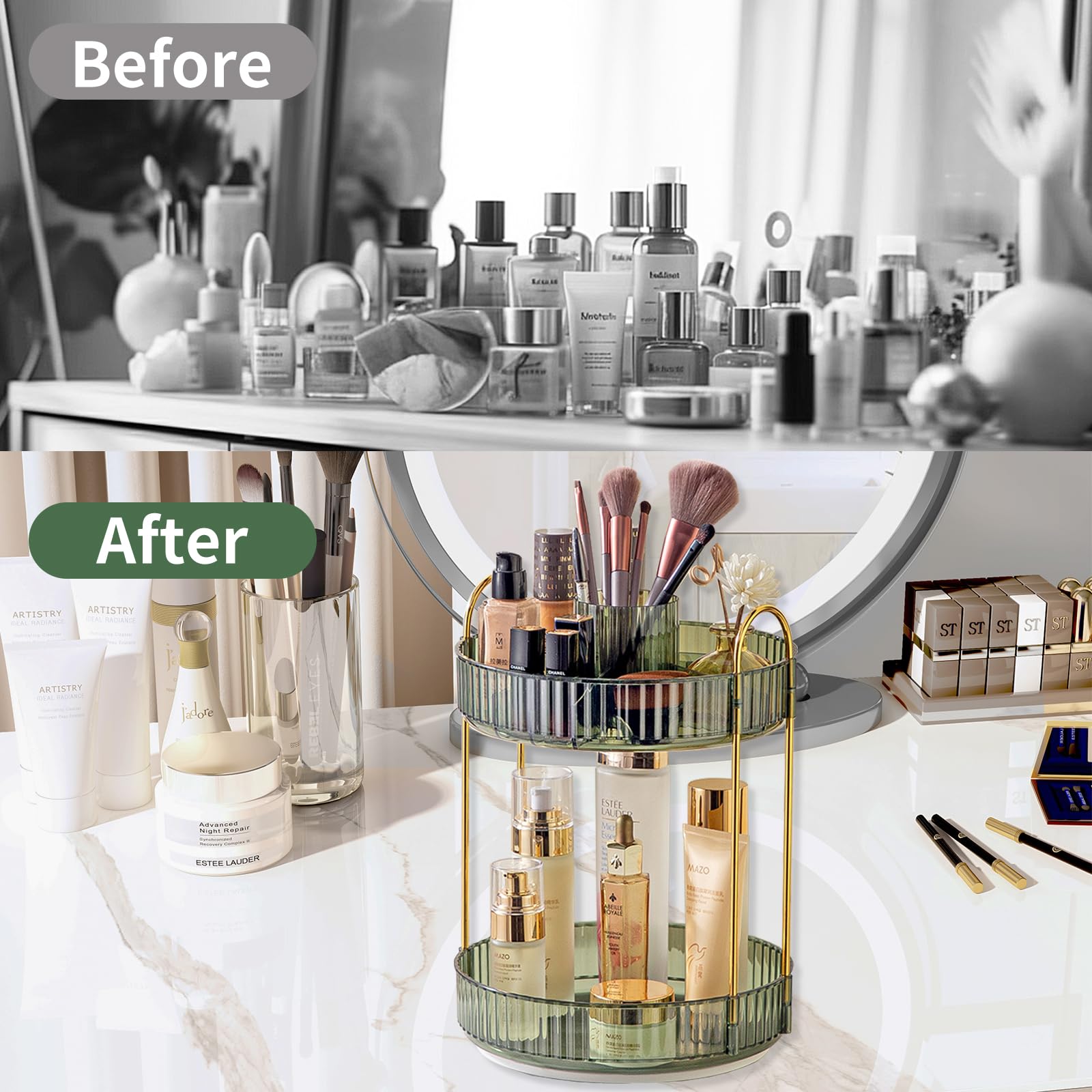 Asayuee Organizador de maquillaje giratorio de 360 grados, organizadores y almacenamiento de maquillaje de gran capacidad de 2 niveles, organizadores de tocador de perfume para el cuidado de la piel,