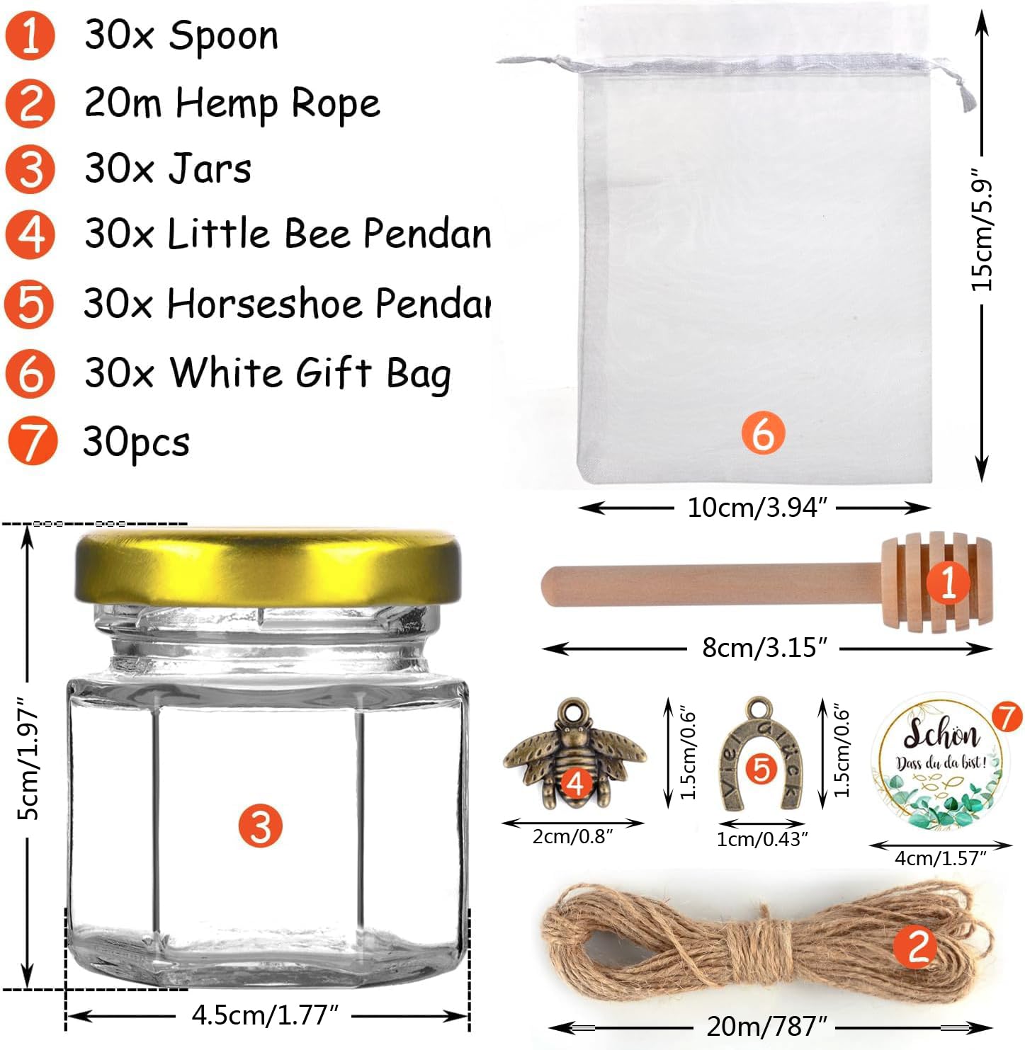 30 Stück 45ml Kleine Honiggläser,Honigglas mit Honiglöffel,Bienen Anhänger, Geschenktüten, Dankeskarten, Kleine Bienen Gläser für Baby Dusche, Hochzeit Gastgeschenke und Party
