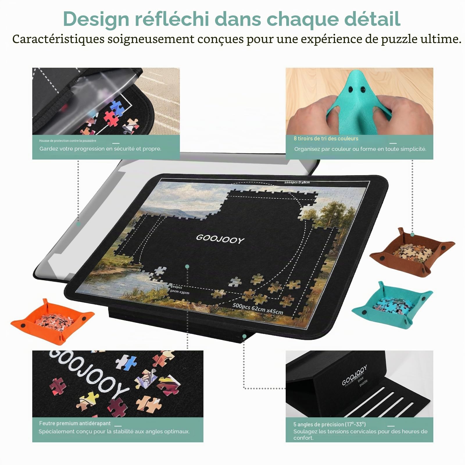 Plateau Puzzle 1000 Pièces avec Support Réglable Breveté à 5 Niveaux (33°, 31°, 28°, 23°, 17°), Planche Puzzles en Feutre avec 8 Trieurs et Couvercle, Antidérapante, Légère, Portable