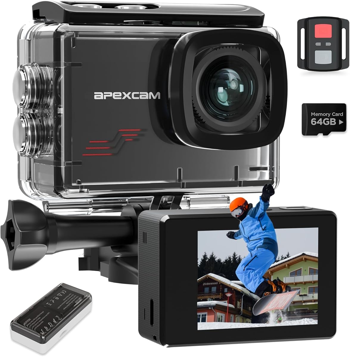 Apexcam M80 Action Camera with 64GB Card 4K 60FPS 48MP 40M Ultra HD Camera Underwater Waterproof Sport Camera 8X Zoom Pre-Recording WiFi Wide Angle with 2x1350 Battery Helmet Mount Accessories Kits
