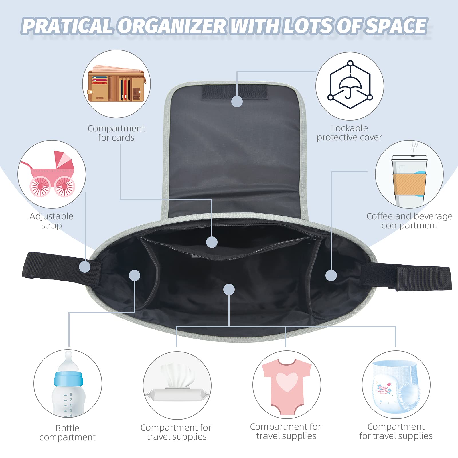 Borsa per Passeggino Universale Portaoggetti con Tracolla,Neonati Borsa Organizer,Portaoggetti Impermeabile Con Cerniera,Tasche di Design per la raccolta di Salviette, Pannoli, Merenda