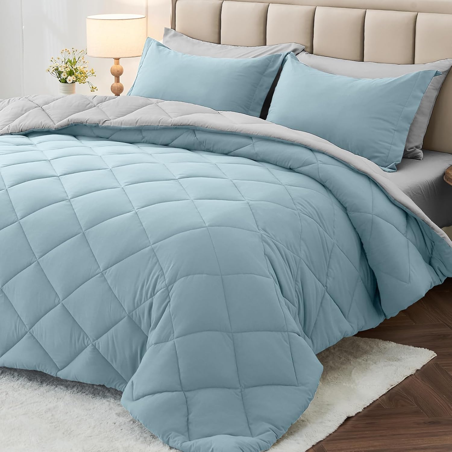 MUXHOMO 7 Pieces Queen Comforter Set, Reversible Bed in a Bag Queen Size, All Season Bedding Set with Comforter, Flat Sheet, Fitted Sheet, Pillowcases & Shams, Greyish Blue & Light Grey Queen (88"x88") Greyish Blue/Light Grey