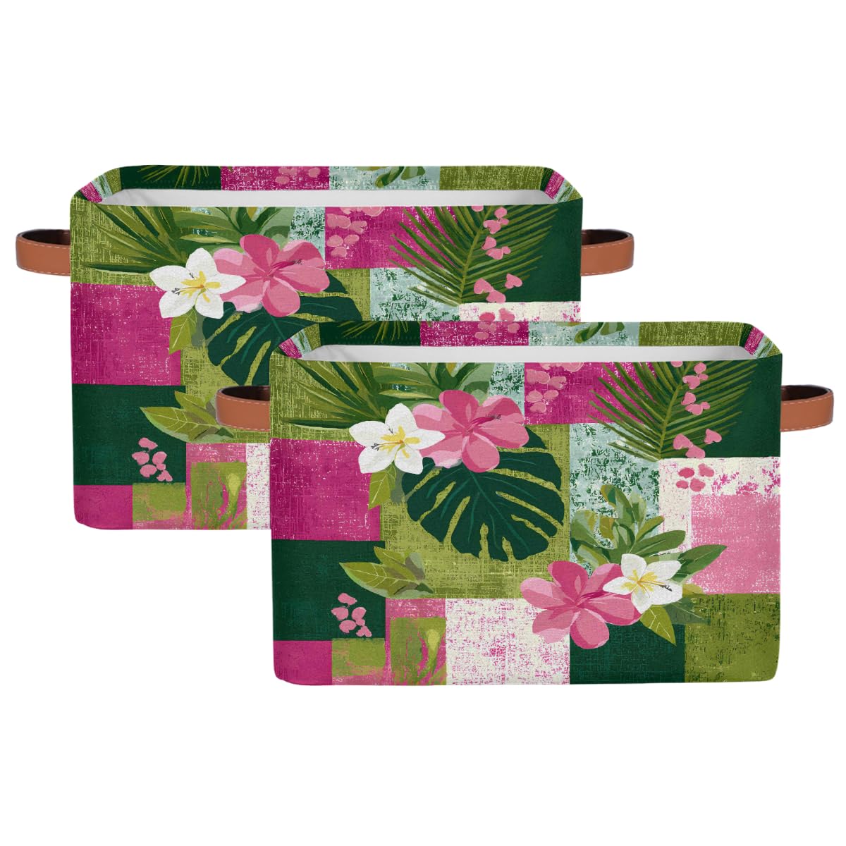 Rechteckiger Aufbewahrungskorb mit tropischen Hibiskus- und Plumeria-Blättern, mit Ledergriffen, faltbarer Stoff-Aufbewahrungskorb für Schrank, Badezimmer, Wohnzimmer, Büro, Spielzeug, Organizer