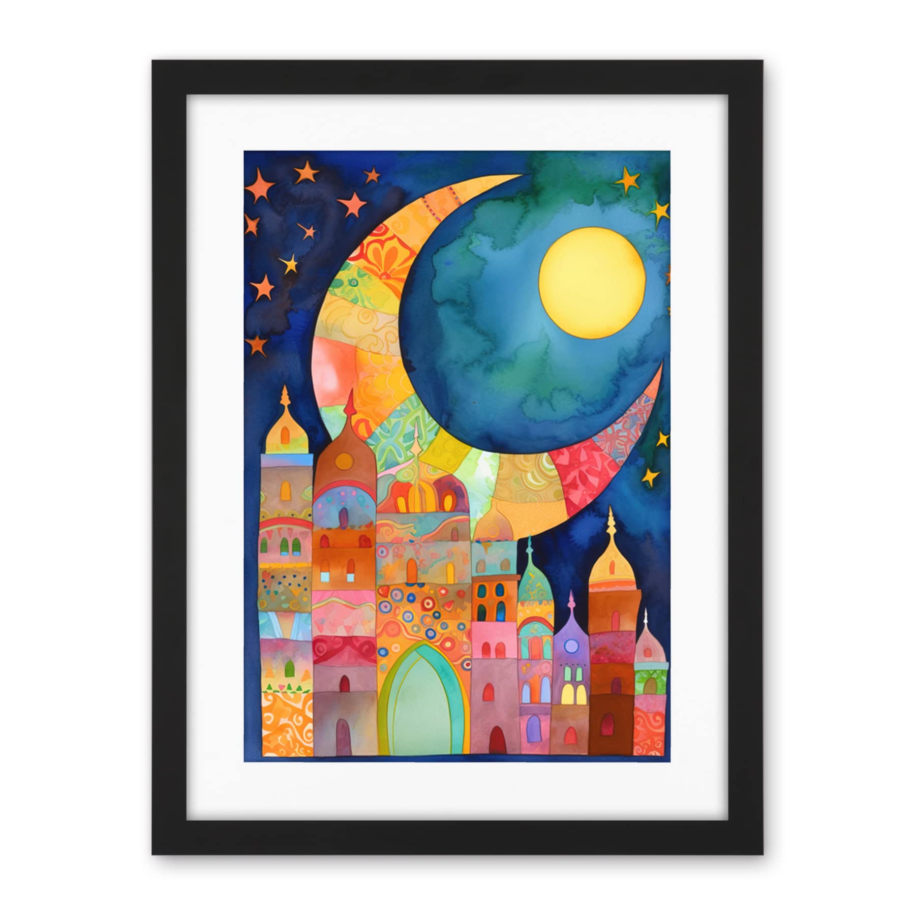 Artery8 Eid Crescent Moon Cityscape Folk Art Watercolour Painting Artwork Framed Wall Art Print 18X24 Inch