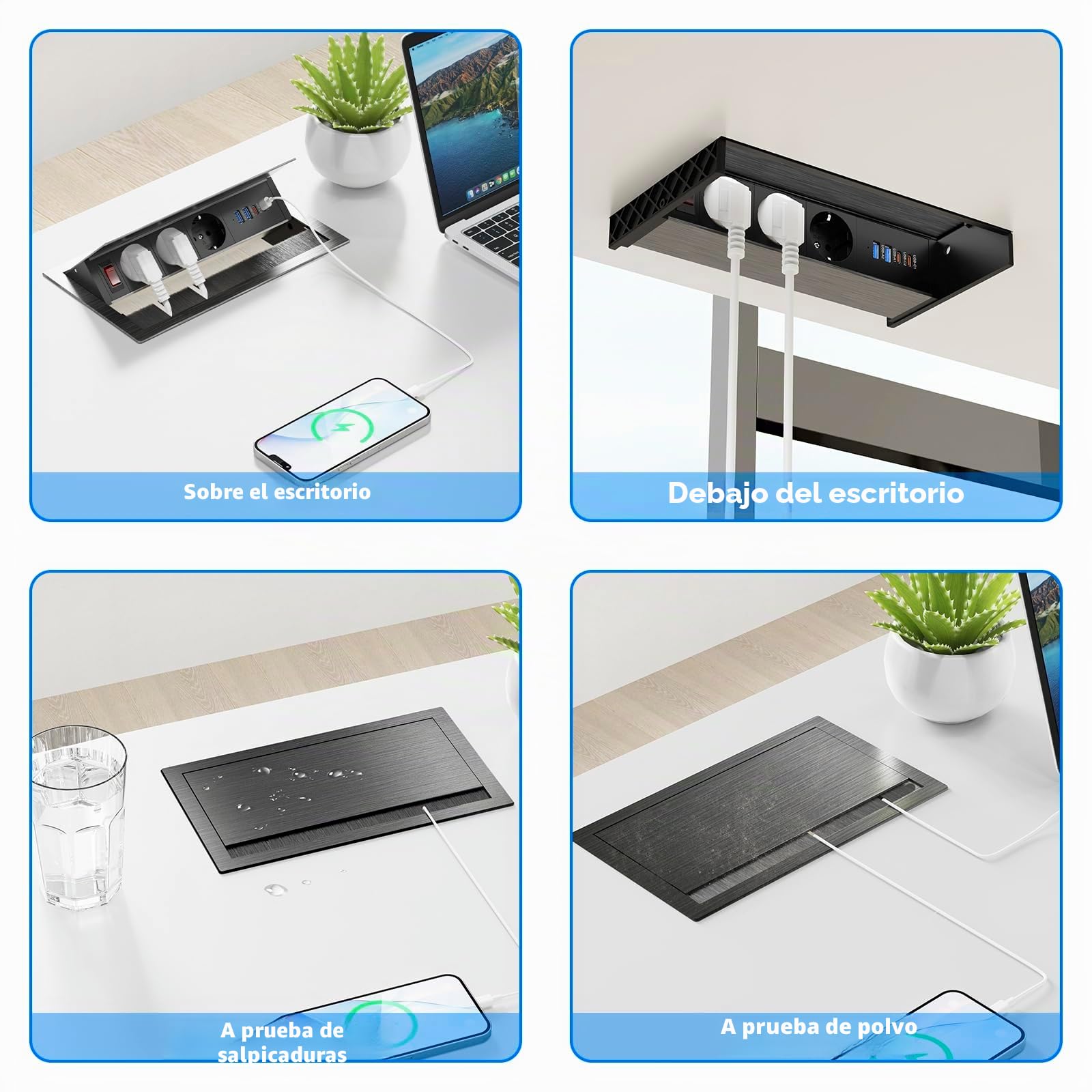 Enchufe empotrable con 2 USB-C PD 30W y 3 Tomas, Aluminio | Regleta empotrable con 4 USB, 2 USB-A QC18W, tapa abatible ajustable, cable 1,8 m, escritorio y cocina, negro
