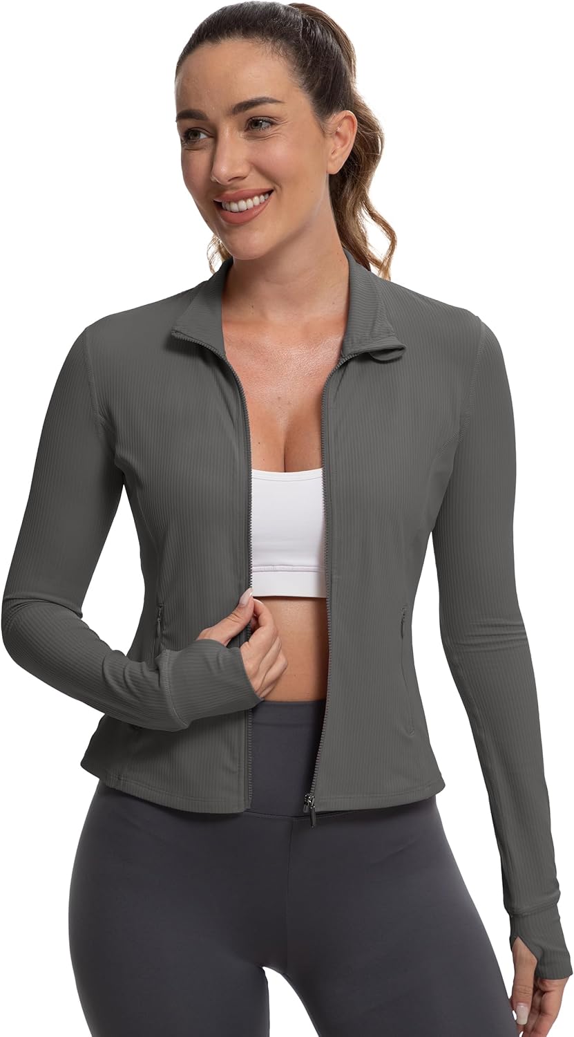 MathCat Ribbed Athletic Jacket for Women,Full Zip Workout Jacket Slim Fit Yoga Running Jacket with Pokets - Image 5