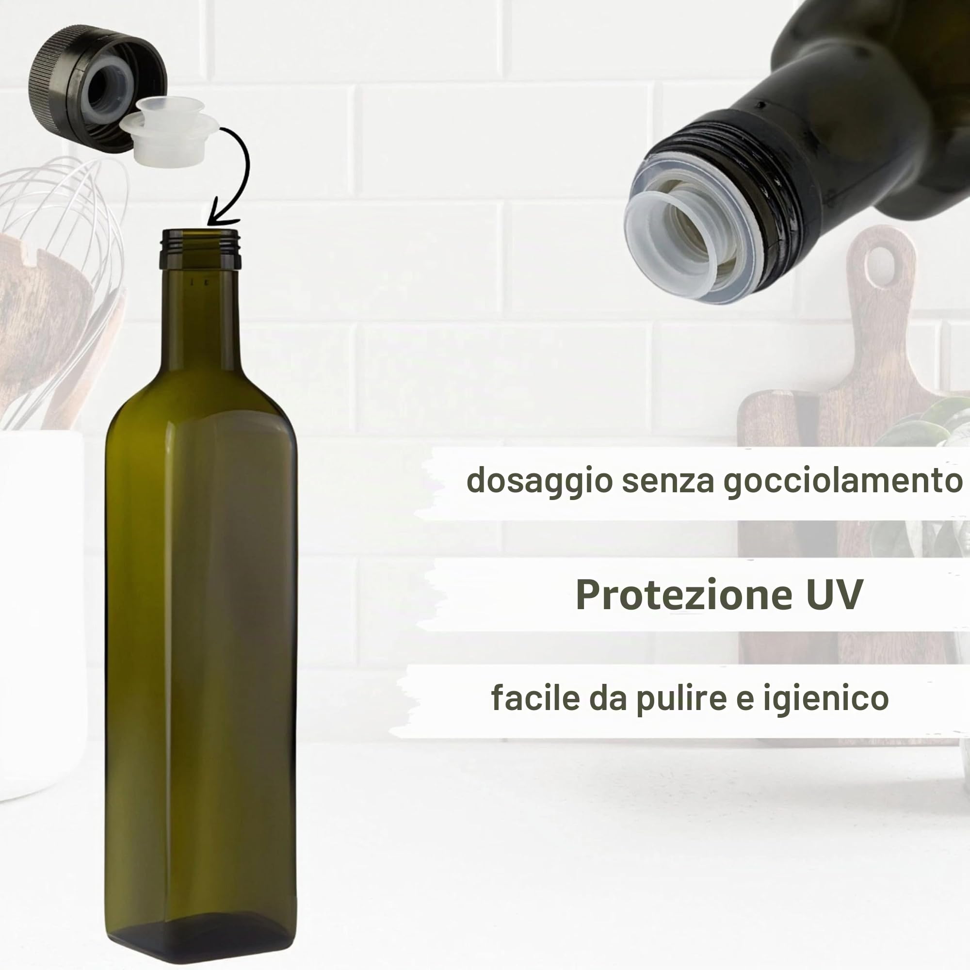 mikken 2 bottiglie di olio da 500 ml con beccuccio, colore verde/marrone, con dosatore ed etichette