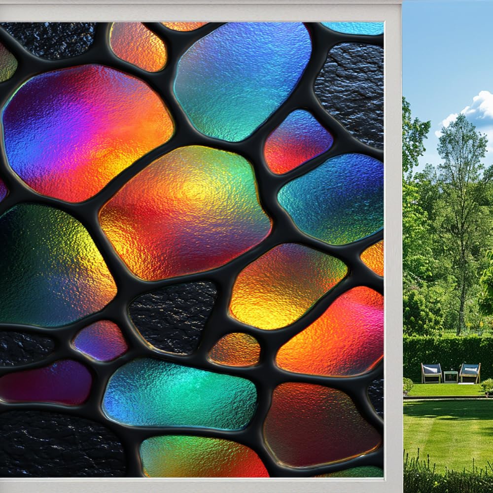 Pmlbaous Colorful Color Blocks Stained Glass Window Film, Geometric Abstract Pebbles Peel And Stick Privacy Film, Frosted Adhesive Vinyl Decorative For Bathroom Windows Glass Doors, （80X140cm）