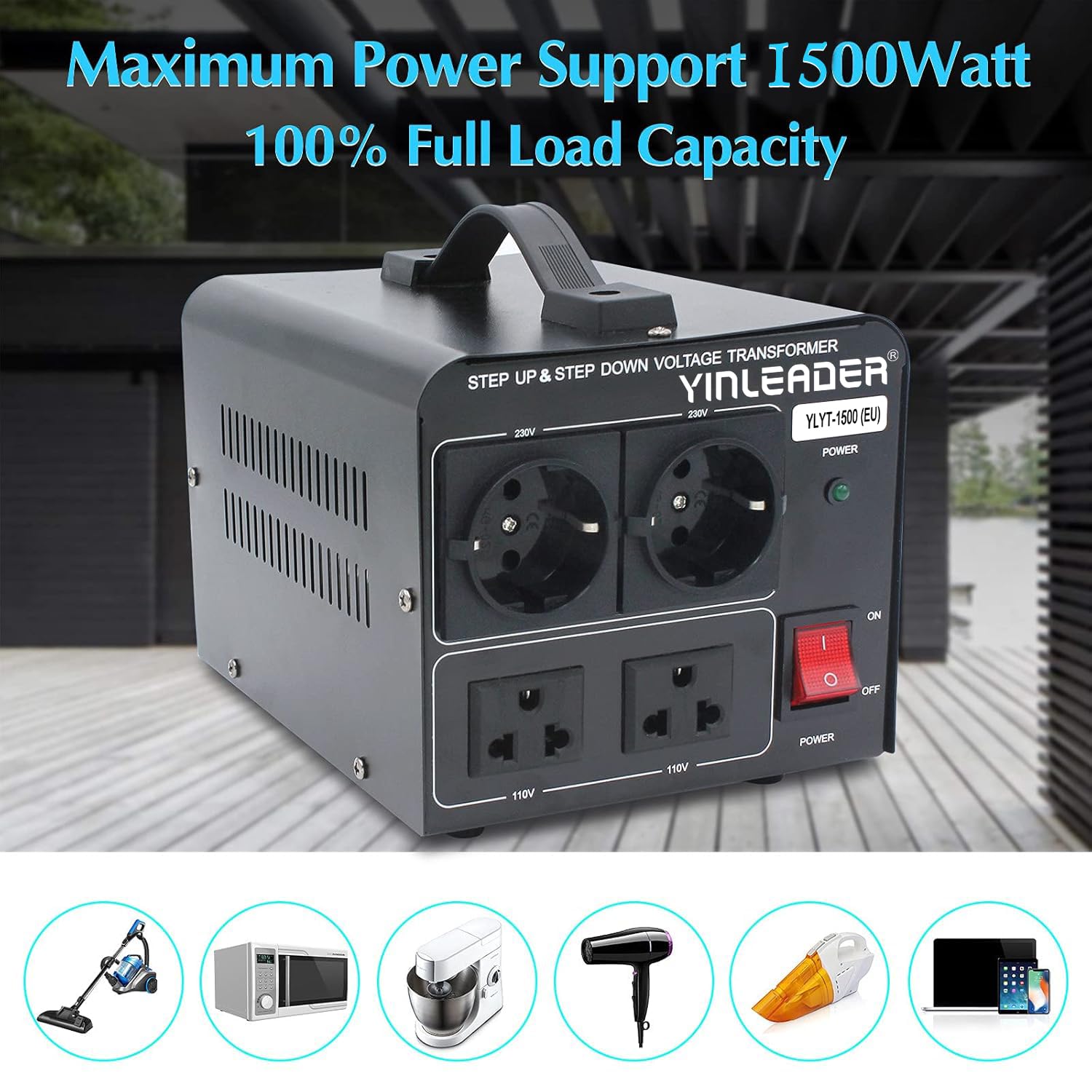 Yinleader Transformator napięcia 1500 VA przetwornica napięcia 230 V na 110 V / 110 V na 230 V