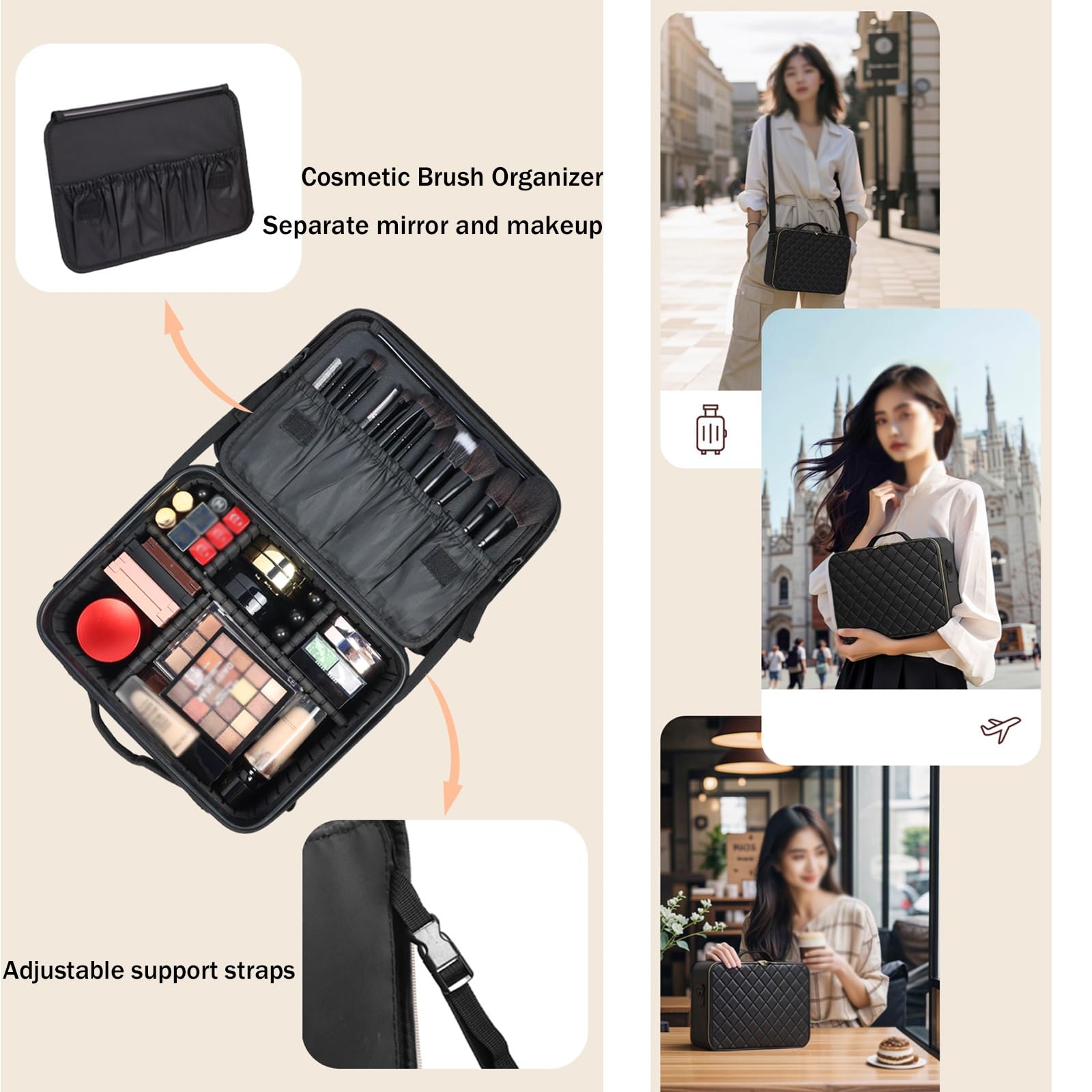 Borsa Trucchi Con Specchio A LED, Makeup Bag Con 3 Modalità Di Illuminazione,Professionale Portatile Trousse Make Up Organizers Trucchi Ragazza Valigetta Porta Trucchi，Beauty Case Da Viaggio(Noir)