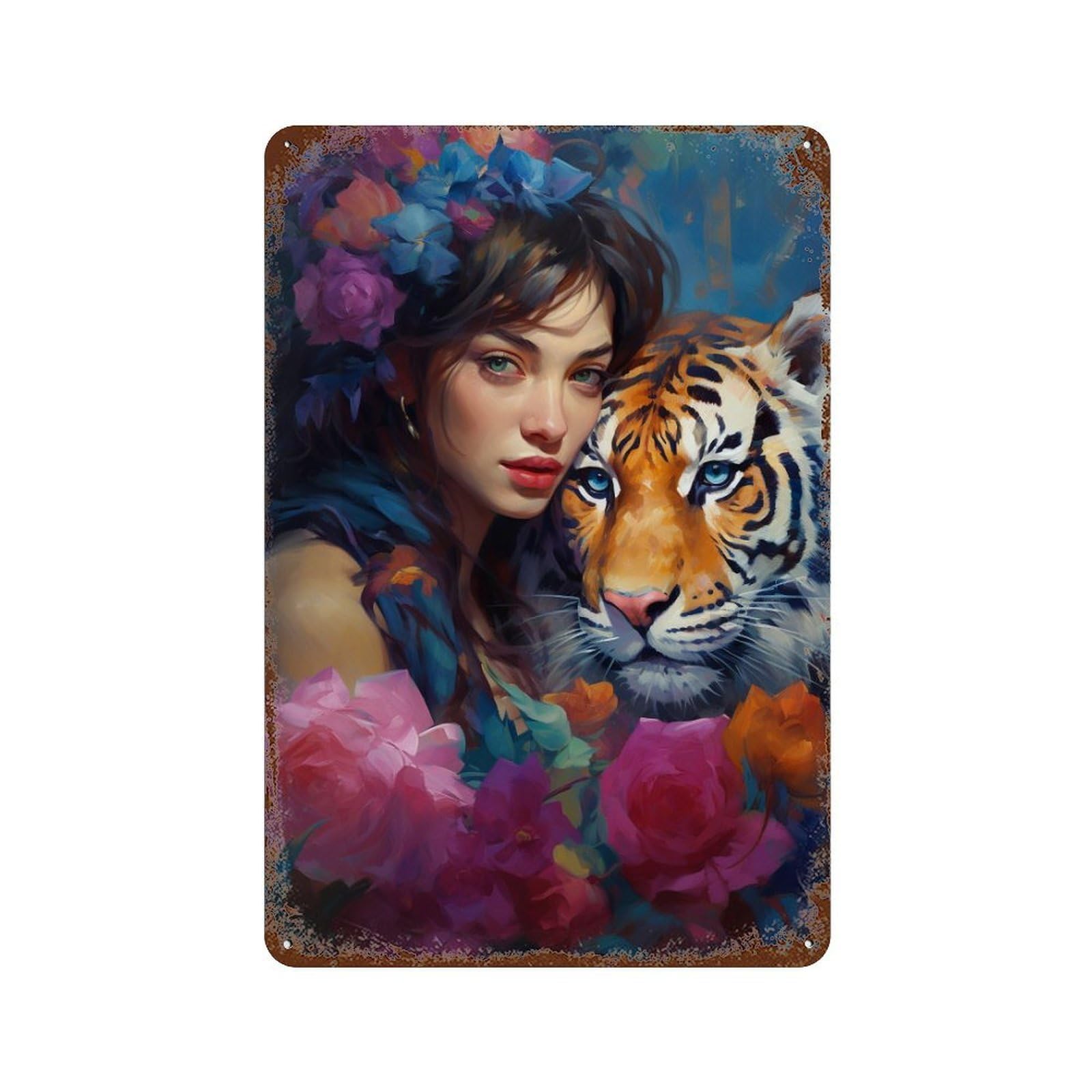 Tiger Woman Flowers Artwork Aged Metal Wall Plaque 11.8"x7.9", for Garage, Bar And Workshop Decor, Farmhouse Wall Decor