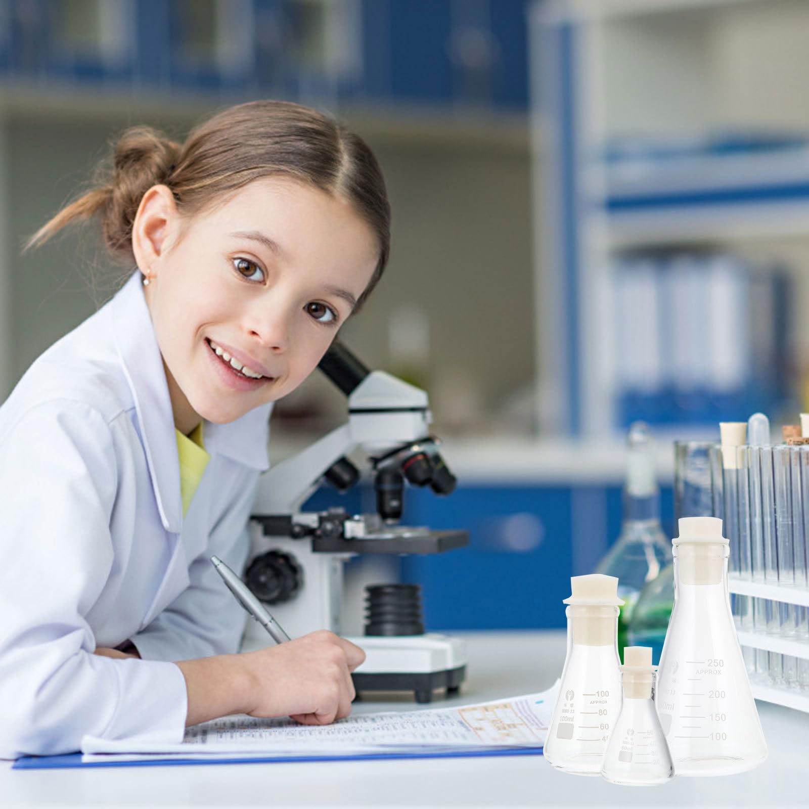 3 Stück Laborkolben aus Glas mit Gummistopfen 250ml Konische Verdickte Kolben Klar Skaliert für Schul und Experimentiereinsatz Zufällige Farbe