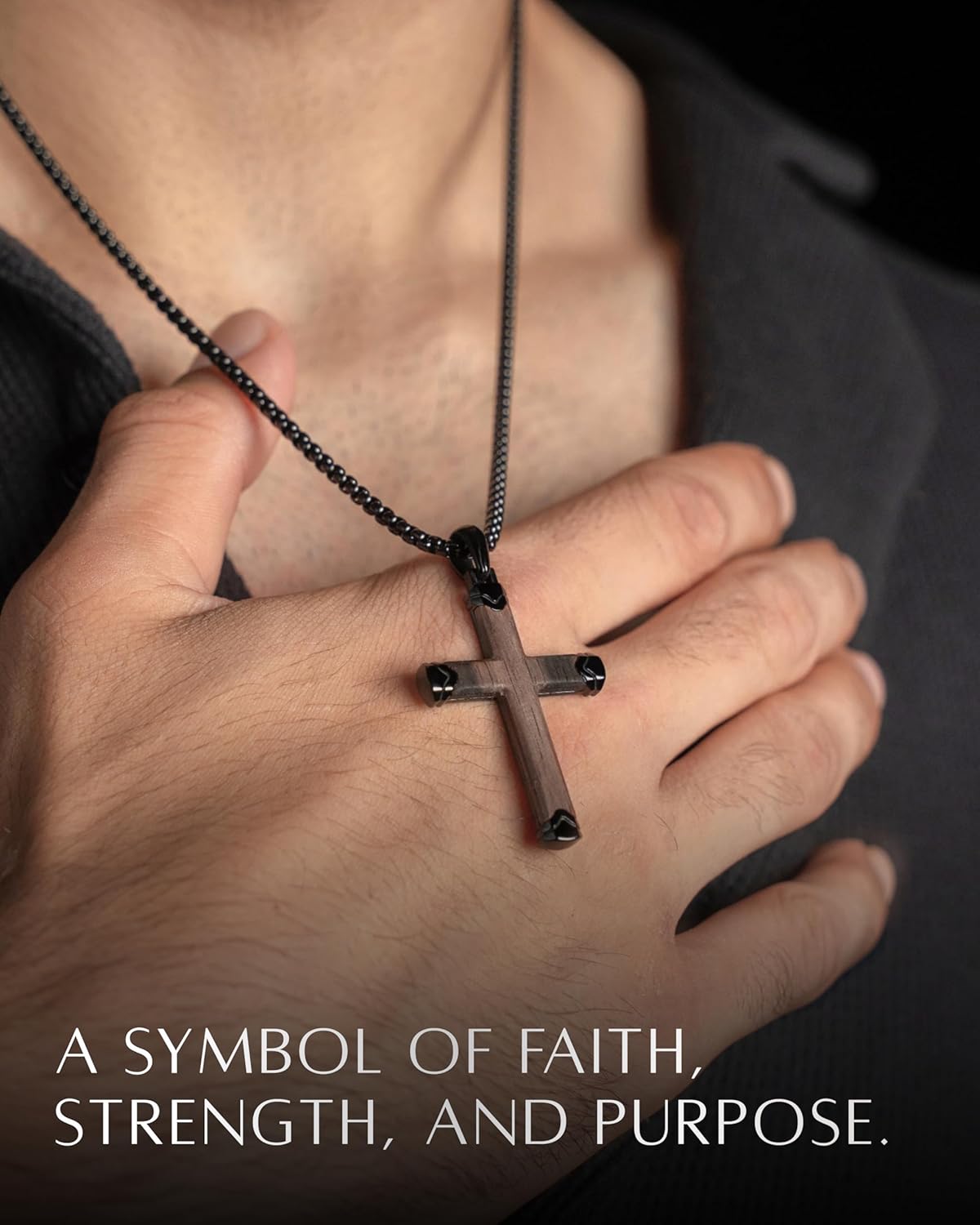 RTZN® Wooden Cross Necklace for Men – Premium Handcrafted Natural Ebony/Bubinga Mens Wood Cross Necklace Pendant with 3mm Stainless Steel Box Chain 22" + 2" Inch