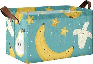 Ollabaky Collapsible Rectangular Closet Storage Bin Cute Yellow Banana and Pear Shelf Basket Box with Leather Handles - Storage Cube, Nursery Storage, Laundry Hamper