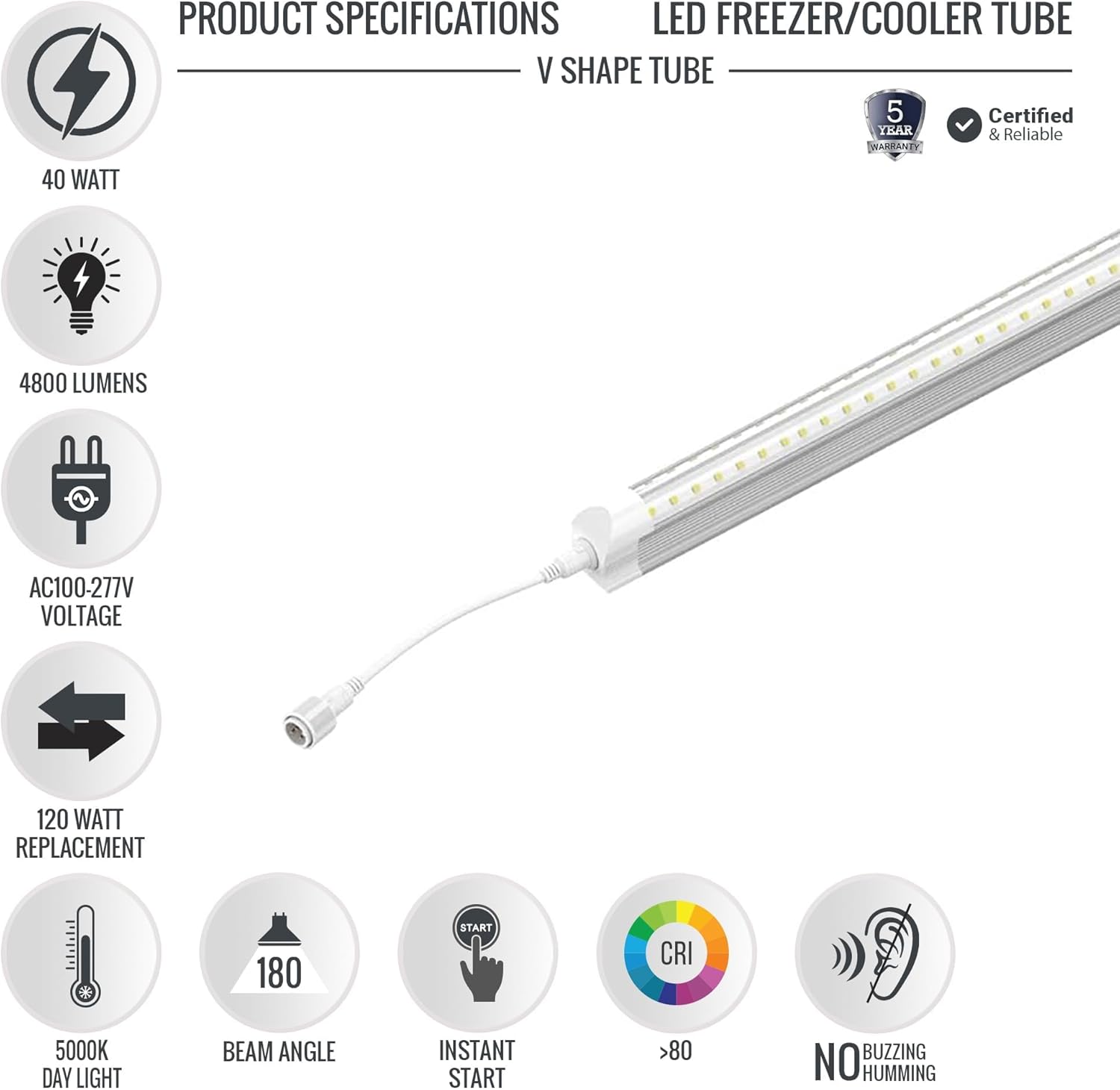 LEDMyplace 40W T8 6 Feet V-Shape LED Freezer/Cooler Tubes, 180°, 100-277 Voltage, 5000K Daylight White, Clear Lens, 4800 Lumens, Commercial for Supermarkets Freezer, Grocery Stores, Shop, Pack of 30