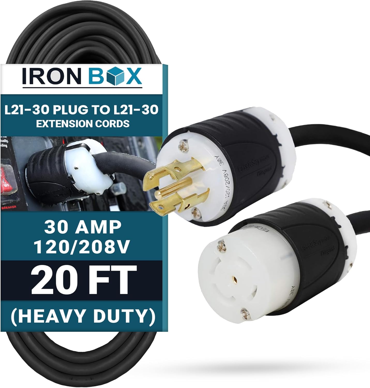 IronBox Electric - L21-30 Extension Cords - L21-30 Plug to L21-30 Connector - 30A, 120/208V 3 Phase - 8/5 SOOW Heavy Duty Extension Cord - Ideal for Industrial, Commercial & Construction Use(20 ft)