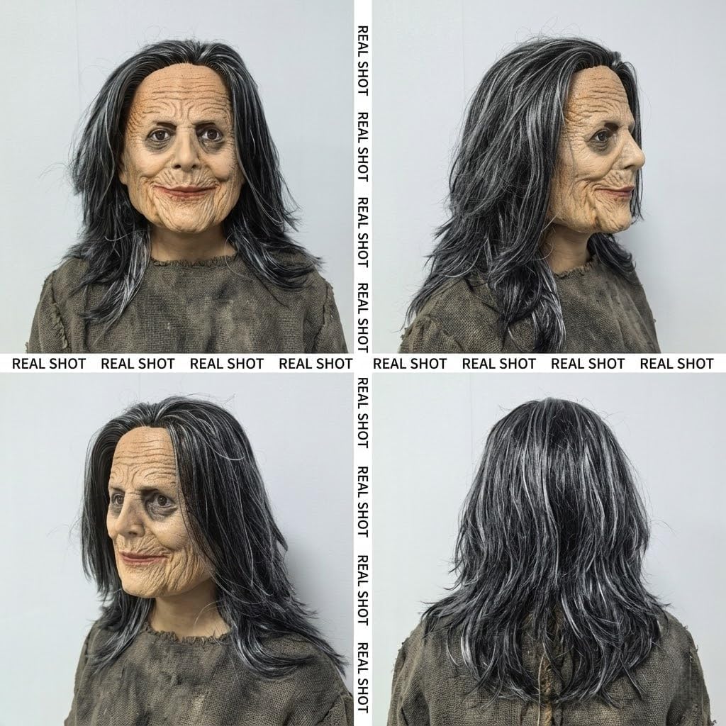 Realistic Black-haired Old Lady Latex Masks Rave Party Horror Witch Mask Halloween Lifelike Granny Cosplay Costume Props
