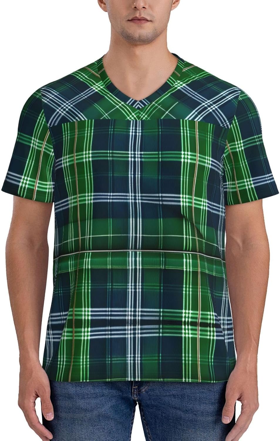 Blue Scottish Tartan Rugby Football Jersey for Men, Comfortable V-Neck Loose Fit Top for Team Sports Athletics