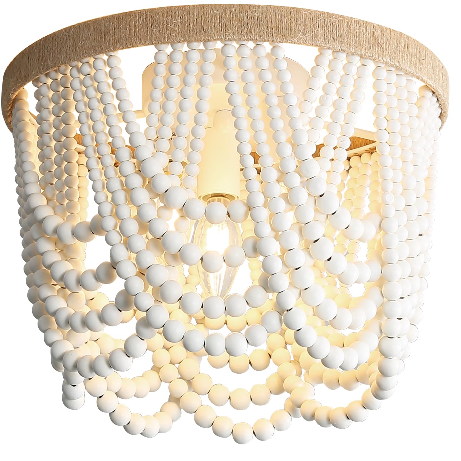 Bohemian Wood Beaded Ceiling Lamp 3-Light – Antique Rustic Mini Chandelier with White Beads for Bedroom, Nursery, Girls' Room, Dining Room, Hallway Entryway