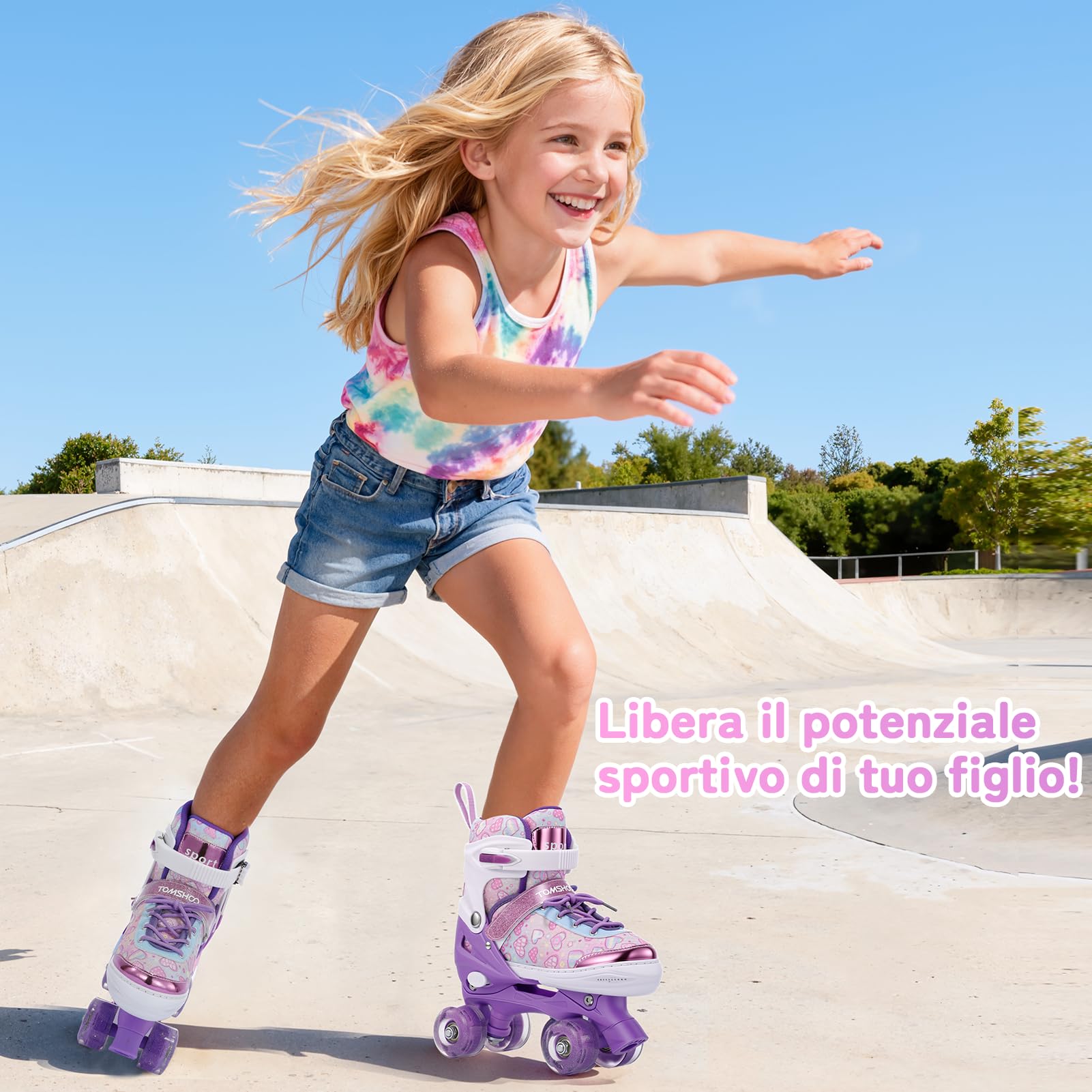 TOMSHOO Pattini a Rotelle Bambina, Pattini 4 Ruote Regolabili con Ruote Luminose LED, Roller Quad Principiante 3-12 Anni, Rollerblade Bambina per Interni ed Esterni, Regalo