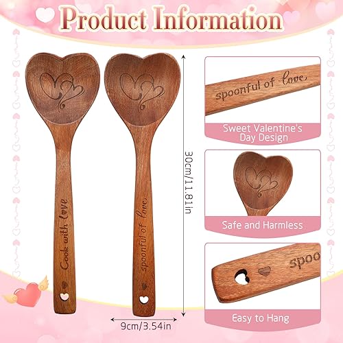 Miniatura 2 de Soaoo 2 cucharas de madera en forma de corazón para el día de San Valentín, cucharas de cocina para cocina, mamá, esposa, fiesta temática de San