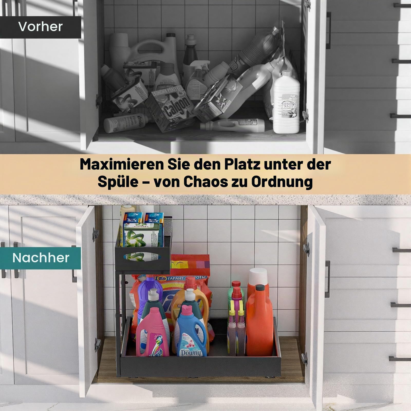 Housolution Unter Waschbecken Spüle Organizer Unterschrank Regal | Breite von 35 bis 50 cm Erweiterbar, Höhe von 34 bis 45 cm Verstellbar, 2-stöckiges Design