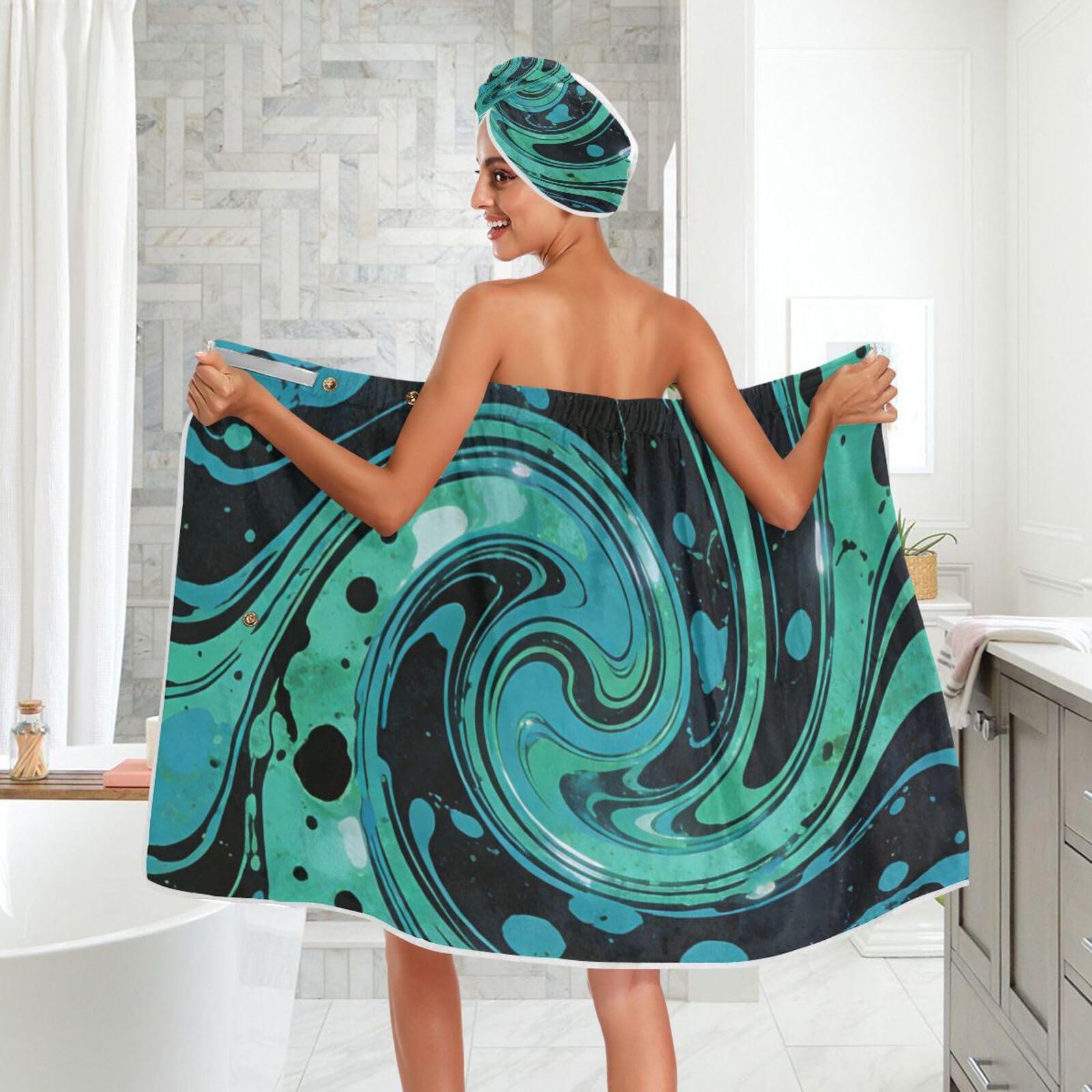 Green Spin Waves ręcznik do spa dla kobiet 3 zestawy regulowanych szybkoschnących szlafroków dla kobiet pod prysznic, szlafrok + suszenie włosów + opaska na głowę