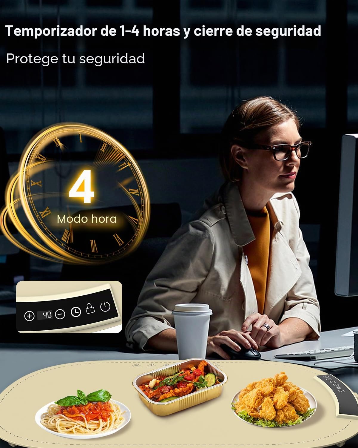 MQFORU Bandeja Calefactora Comida (60x40cm), Placa Calentadora Silicona Portátil Plegable con 7 Ajustes de Temperatura, Temporizador de 4 Horas y Bloqueo de Seguridad, Función de Bloqueo para Niños