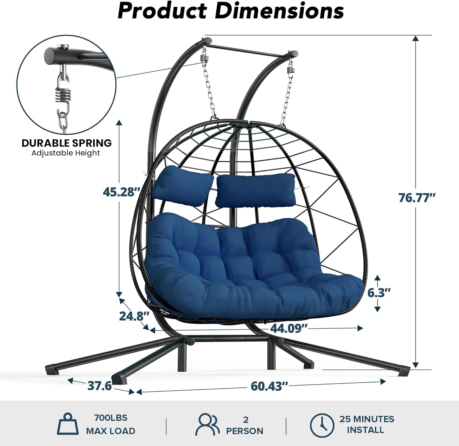 Easyego Double Egg Chair with Stand Hammock Swing Chair 2 Person Outdoor Indoor Hanging Loveseat with UV Resistant Removable Cushion for Patio Living Room-660LBS Capacity, Dark Blue