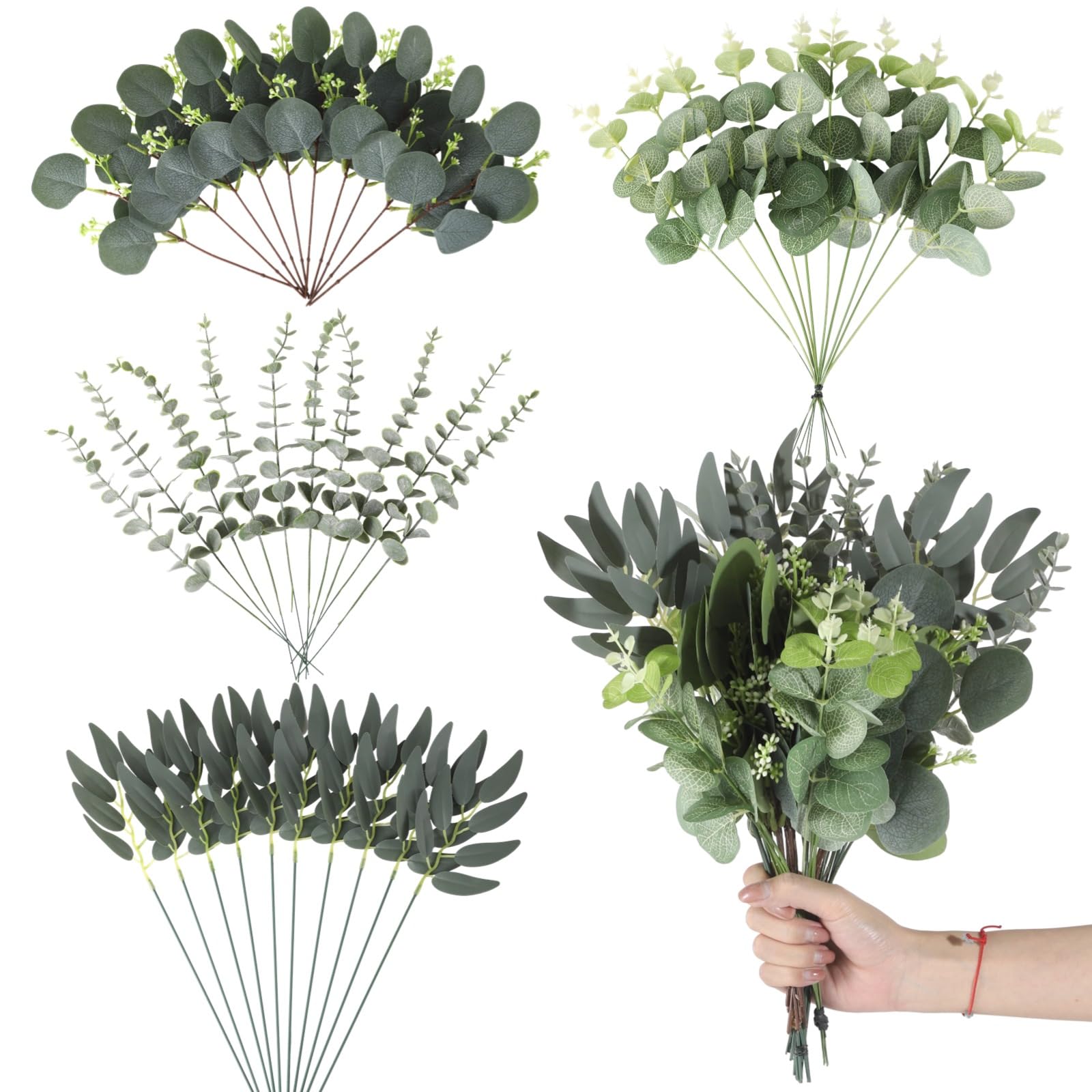 Packool 100 Pcs Eucalyptus Leaves Stems, 4 Kinds Mixed Artificial Greenery Picks, Fake Plants, Faux Greenery Branches for DIY Bouquets, Floral Arrangement, Centerpiece