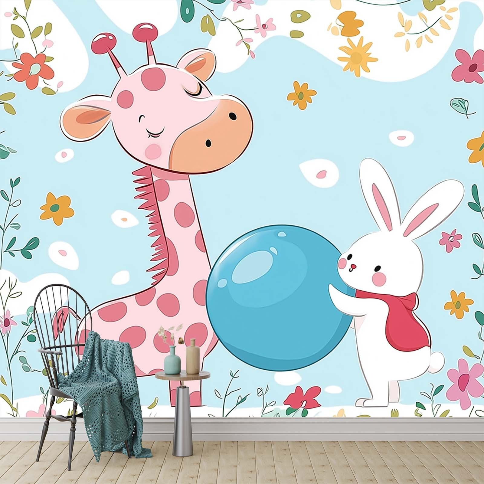 Cartoon Giraffe & Rabbit Wall Mural - Cute Wildflower Photo Wallpaper for Baby Room & Nursery, Eco-Friendly Non-Woven, 300 x 210 cm