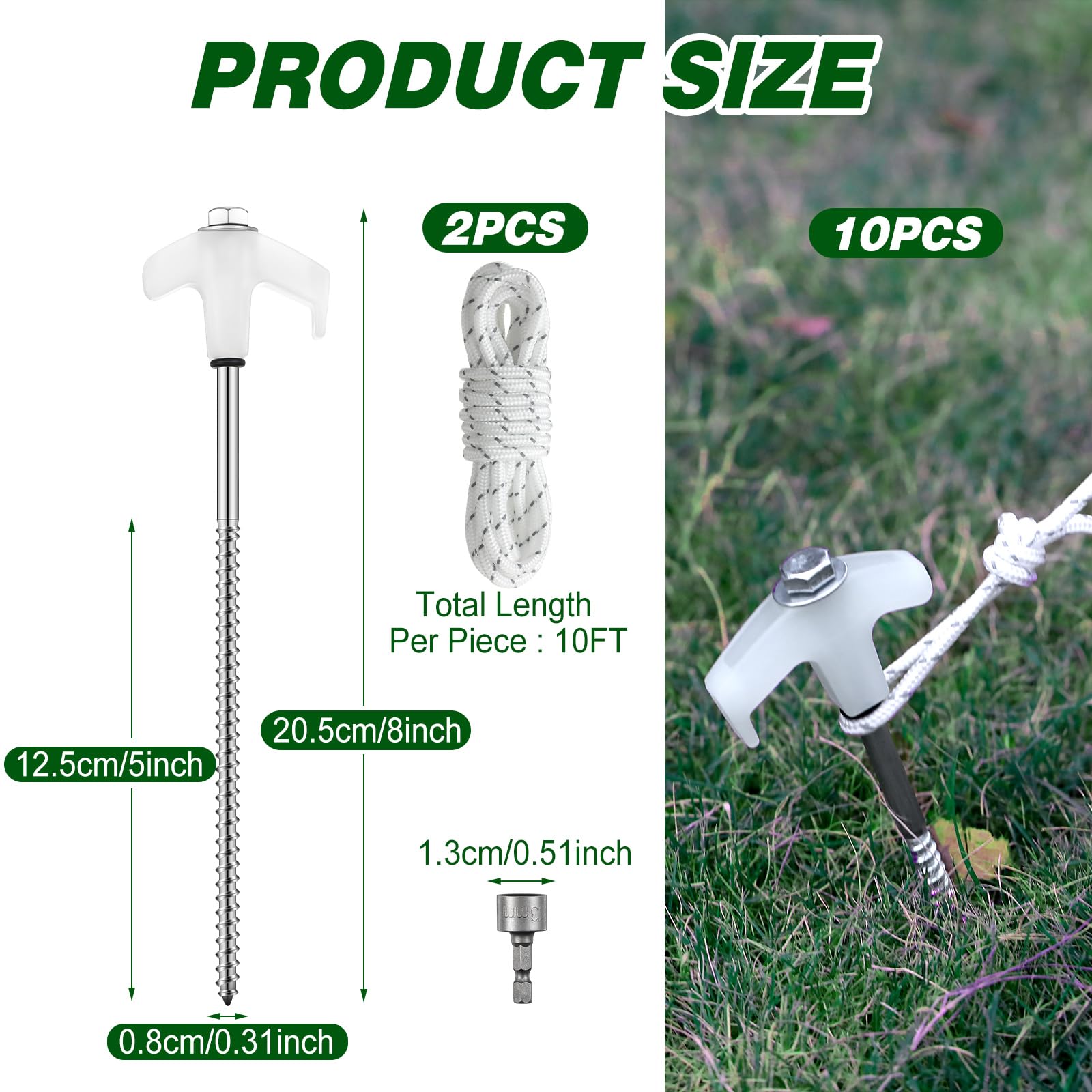 Yaocom 10 Pcs Tent Camping Stakes Heavy Duty 8 Inch Ground Anchors Screw in Tent Pegs Metal Stakes with 4x10ft Ropes Inflatable Spikes for Hiking Camping Garden Accessories