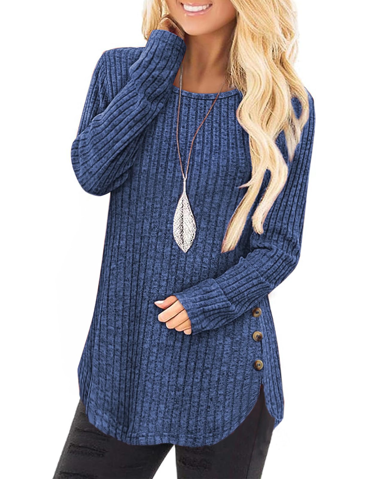 Tanmolo Damen Pullover Herbst elegant Oberteile Langarm Strickpullover mit Knopfdetail und Kabelstruktur Leichter Arc-Saum Rundhals Pulli