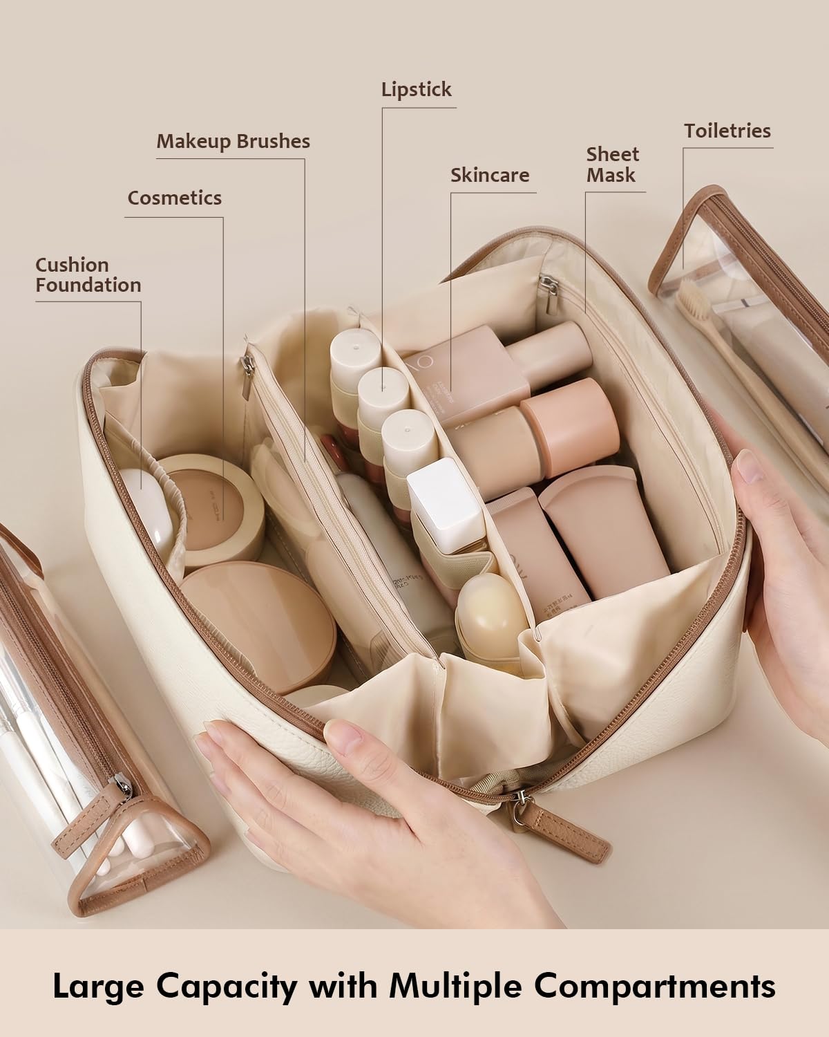 Prite 3 Pcs Trousse de Maquillage Voyage Femme avec 2 Poches en TPU, Beige | Trousse de Toilette, Vanity Case, 3 Compartiments, Pochette à Pinceaux, Hydrofuge, Cuir Vegan Grainé, Coffret Cadeau Inclus