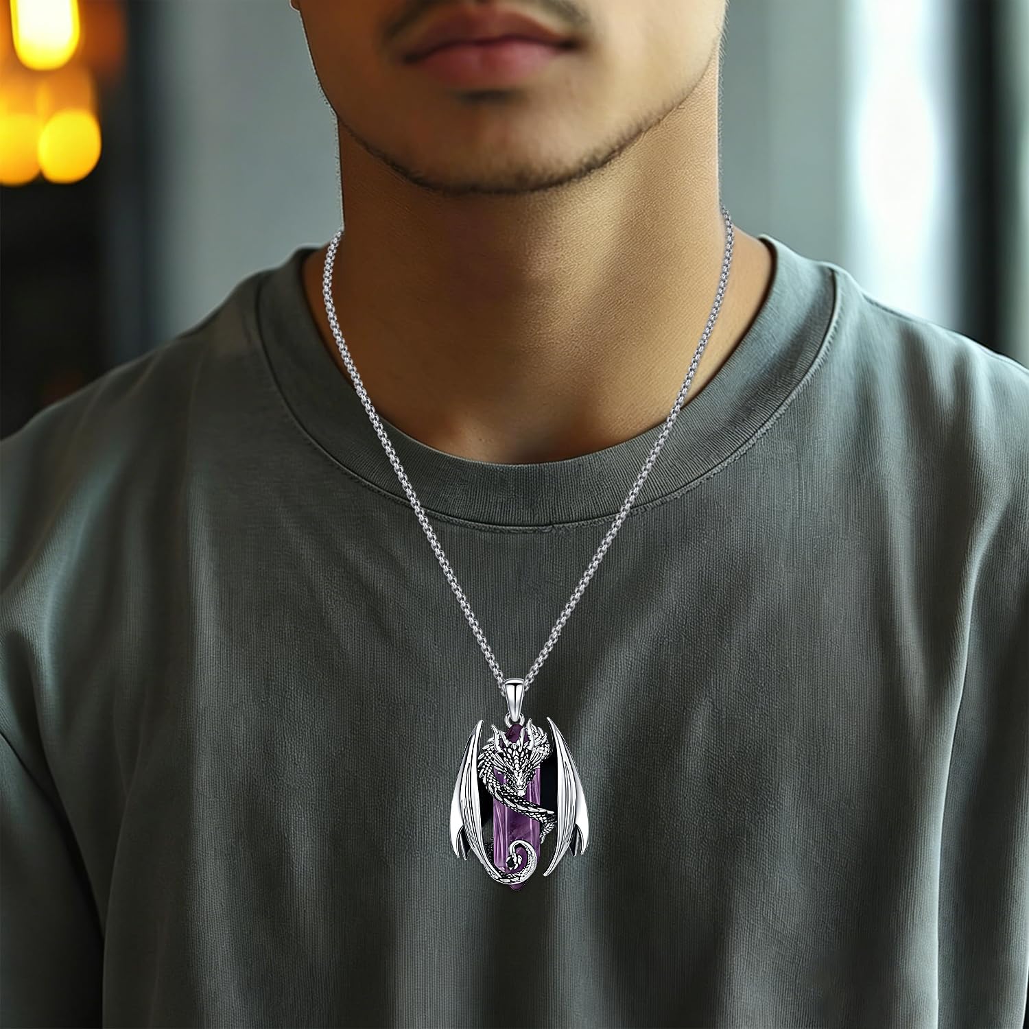 Aniu Wikinger Drachen Halskette mit Kristall, Nordischer Drache Anhänger Kette für Herren Damen Heilsteine Amulett Schmuck Kristallkette