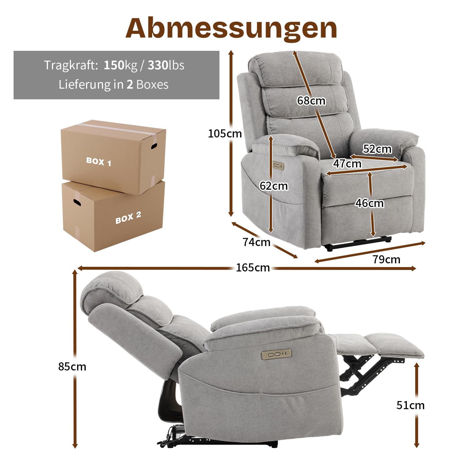 LEADZM Fernsehsessel Relaxsessel mit drahtloser Ladevorrichtung, 1 USB-Anschluss, 1 USB-C-Ladeanschluss, Liegen TV Sessel mit Heizung, Vibrationsmassage, Seitentaschen, Getränkehalter (Hellgrau)