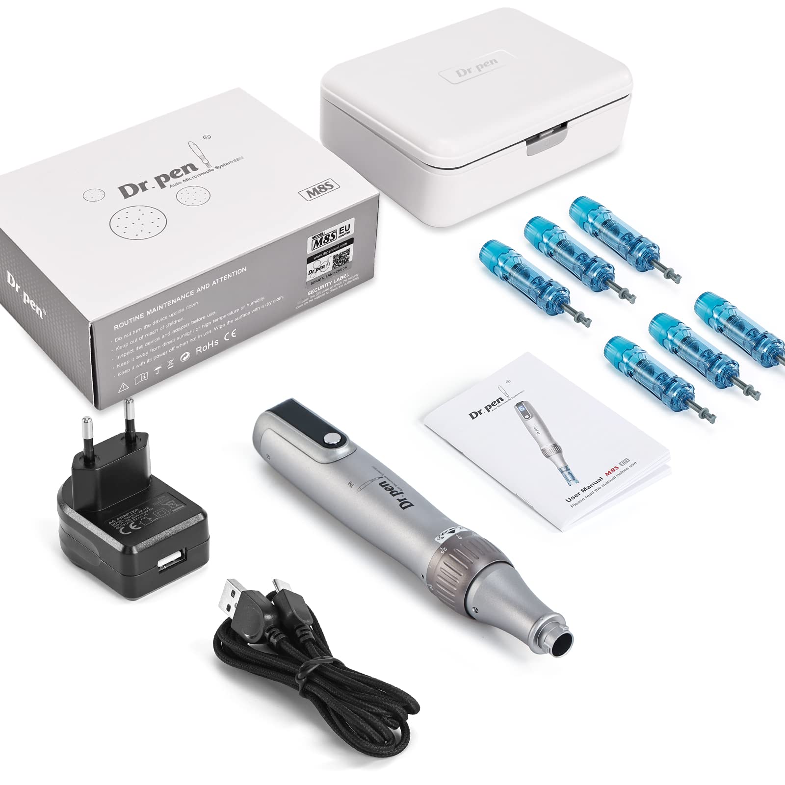 Dr.Pen M8S, microneedling pen con 6 x Cartuchos(3 x 12 Pin+3 x 36Pin), dermapen facial profesional, Inalámbrico y 6 Niveles de Velocidad, 0-2,5mm Profundidad ajustable, Plata