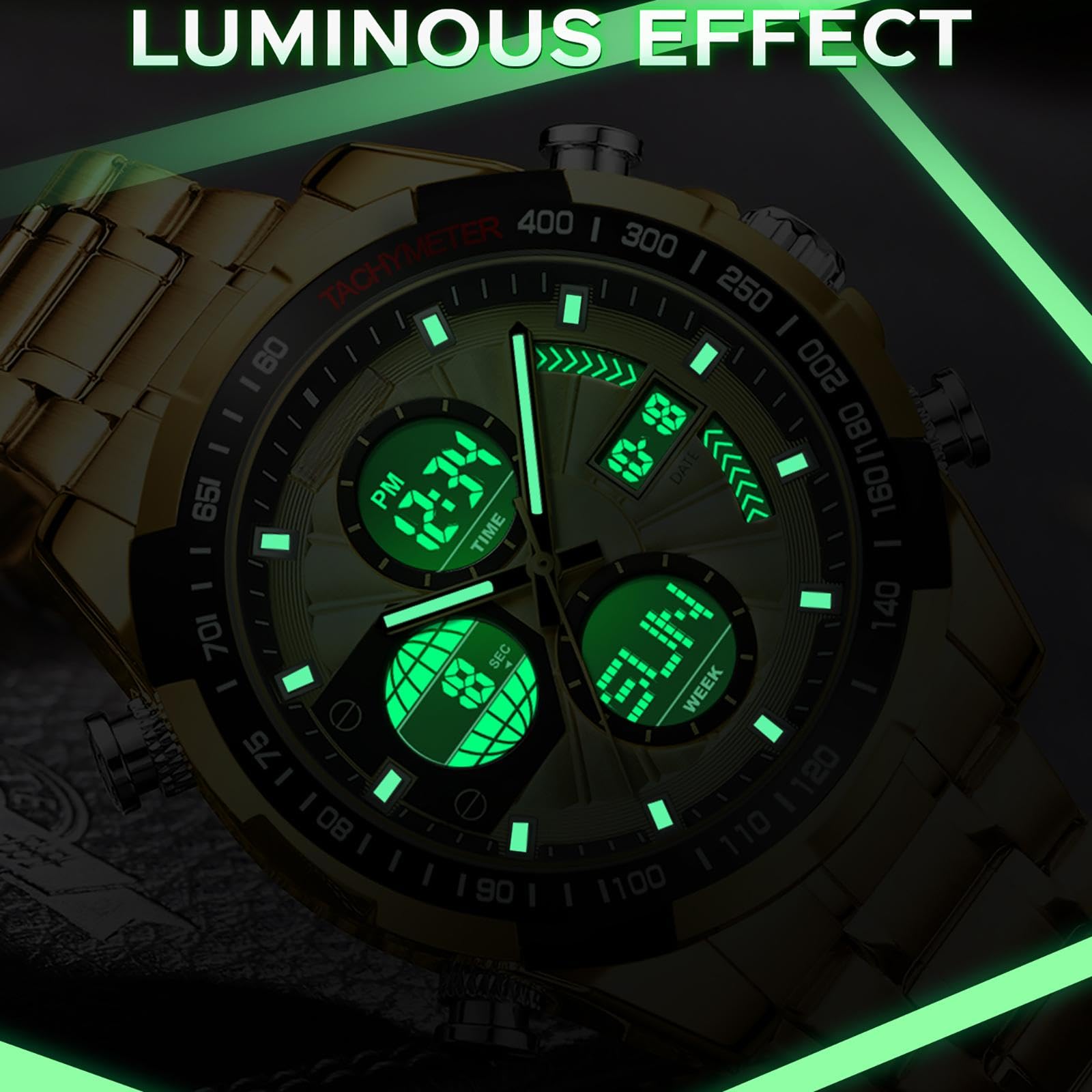findtime Relojes de lujo para hombre, acero inoxidable, dorado, reloj de pulsera para hombre, con alarma, temporizador, fecha, cronómetro, resistente al agua, 5 ATM, reloj analógico digital para