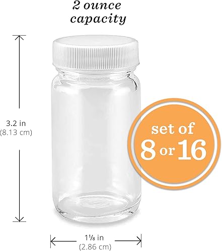 Miniatura 4 de Juego de botellas de chupito de jugo, boca ancha para jugos, almacenamiento de bebidas, líquidos, 2 onzas, vidrio transparente con tapas blancas,