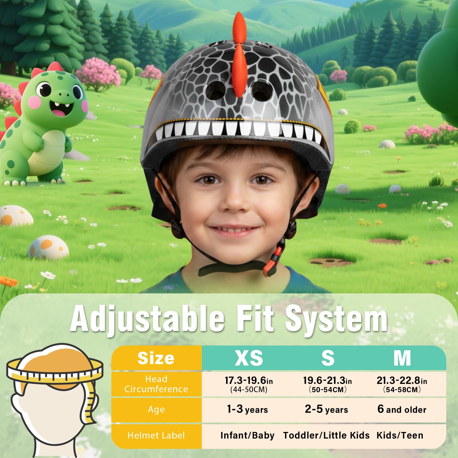 Casco de bicicleta para niños pequeños con diseño de dinosaurio, ajustable y ligero para niños y niñas, casco multideportivo para bicicleta, scooter, monopatín, 2 tamaños de niño a joven (negro S)