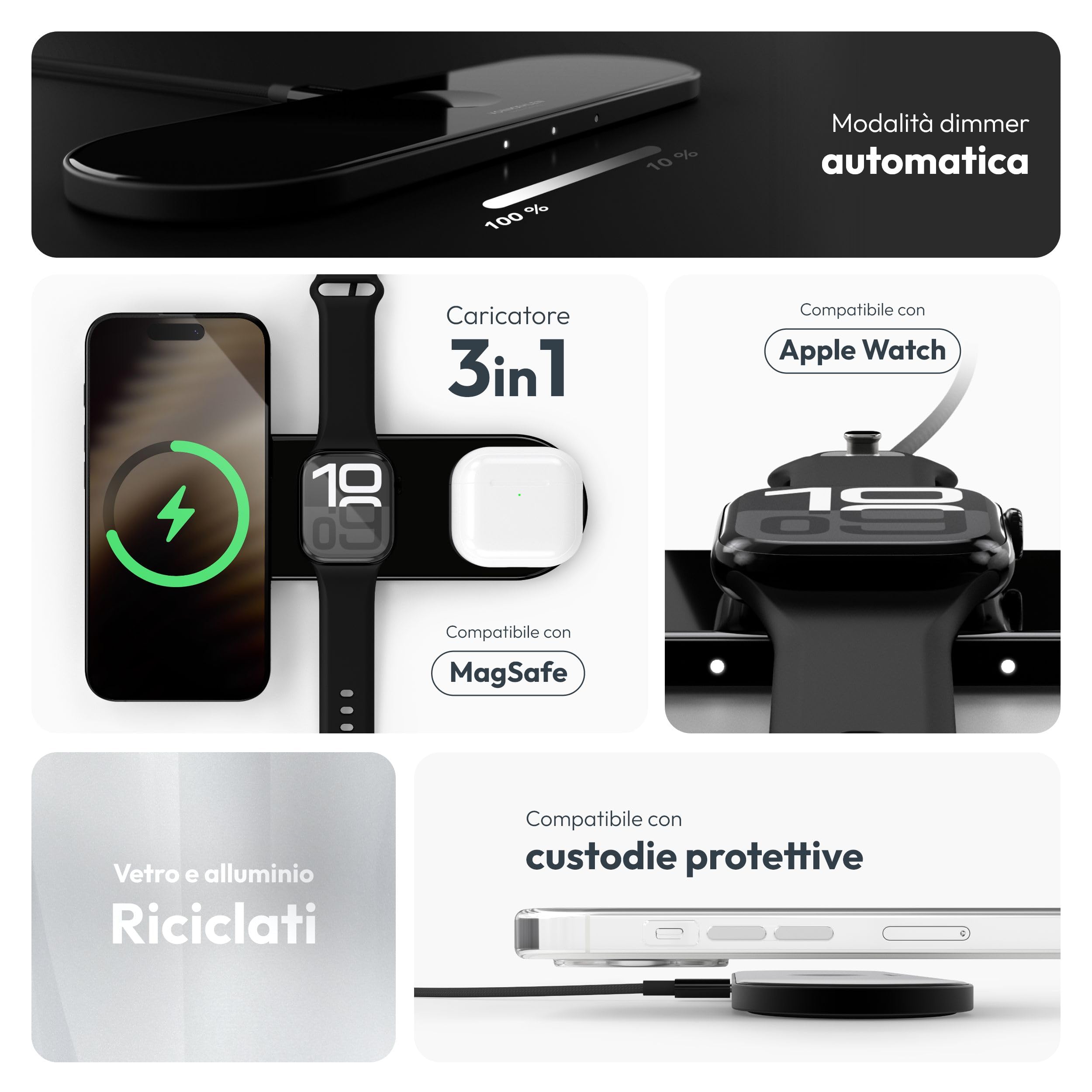 Vonmählen Aura Home - Stazione di Ricarica Wireless 3-in-1, Compatibile con MagSafe, Ricarica Rapida fino a 15W, Design Elegante e Moderno - Nero
