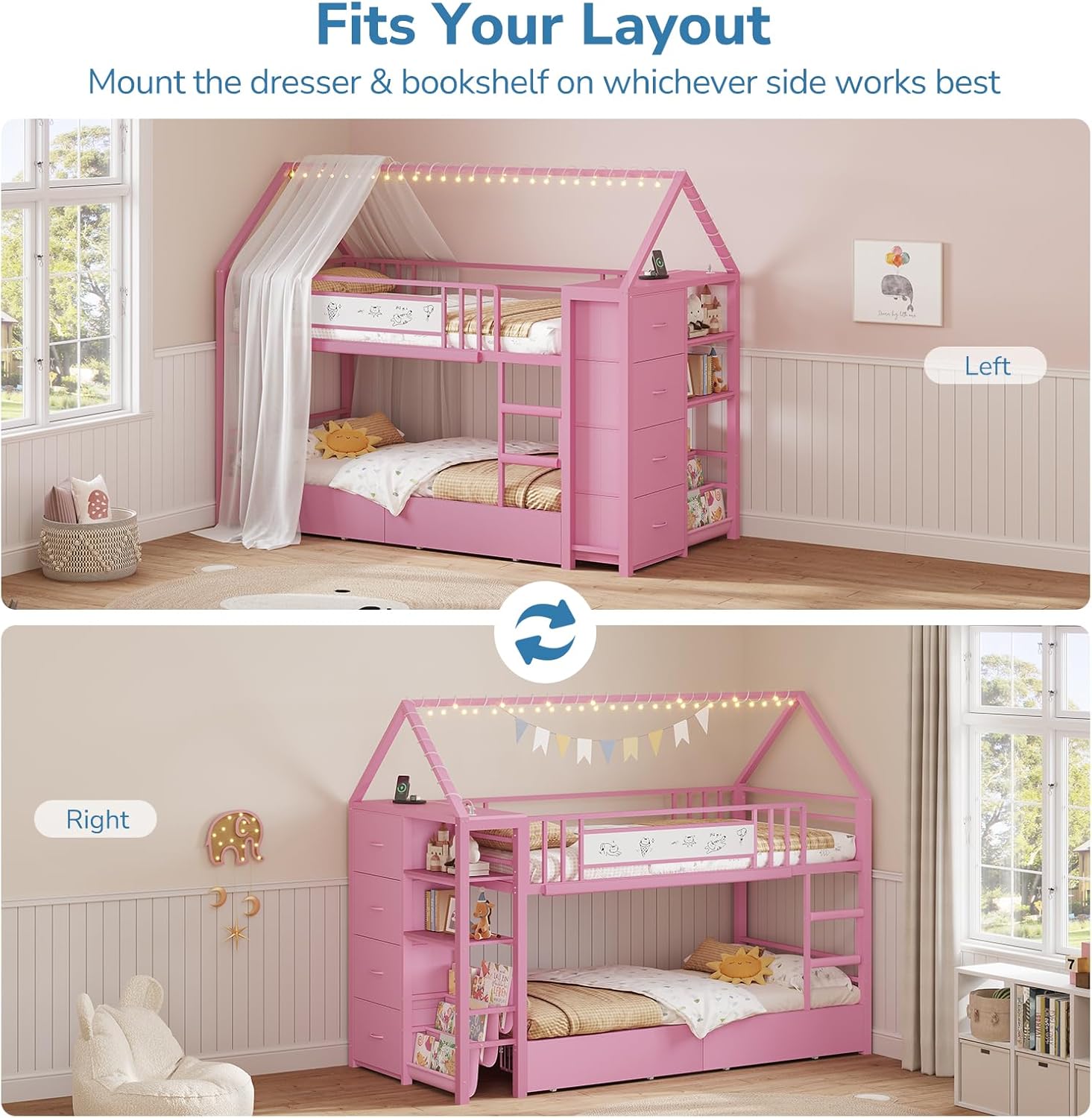 Twin Bunk Bed for Kids with 6 Storage Drawers, Montessori Bookshelf, House Shaped Bed with Globe String Lights and USB Ports, Metal Low Bunk Bed Twin Over Twin with Safety Guardrail and Ladder, Pink