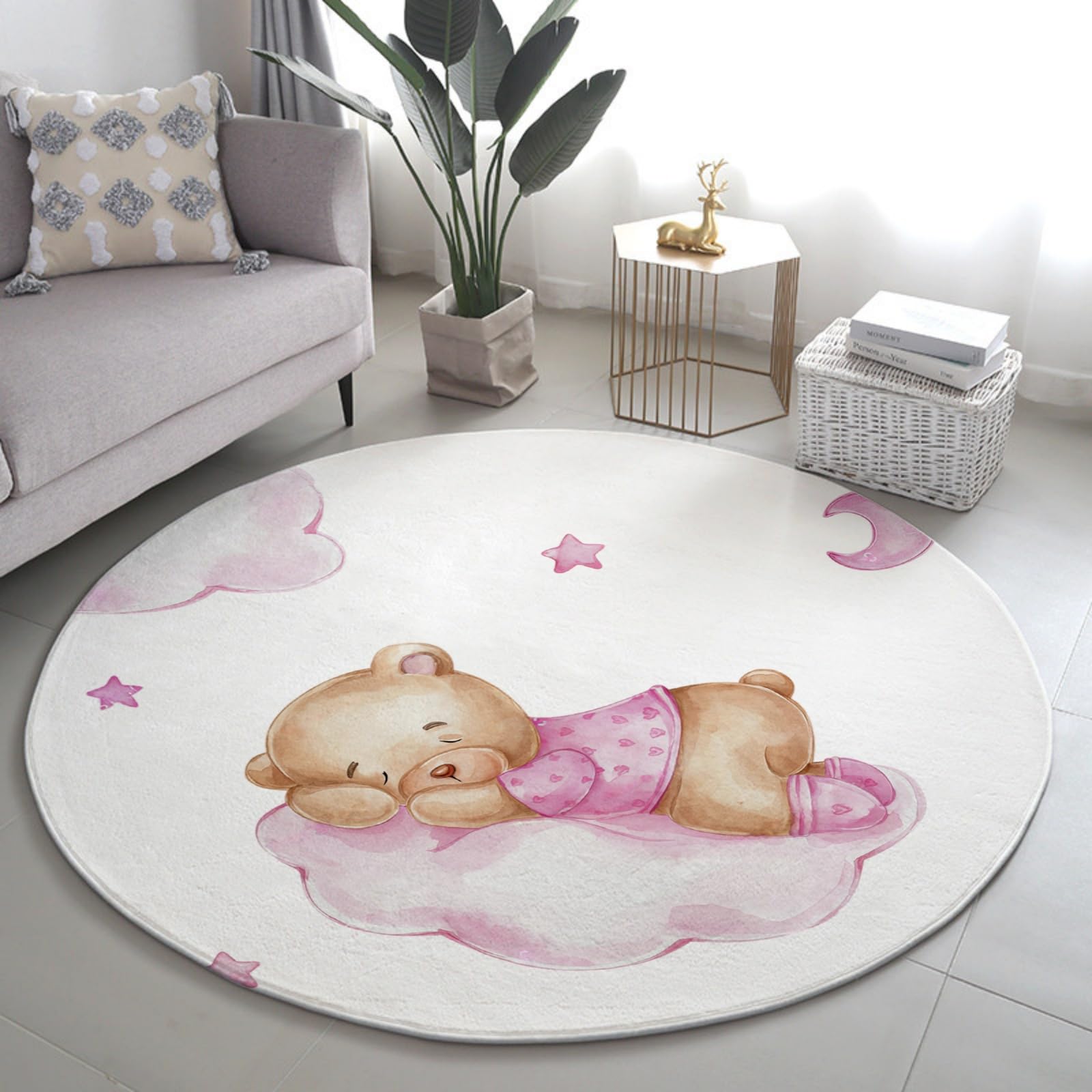 Tapis Rond Doux pour Chambre Enfant - Mignon Dessin Animé Ours Brun Étoile Lune, Fluffy, Lavable et Antidérapant Tapis de Sol pour Garçons Filles, pour Espace de Jeu, 160 cm, Color 3