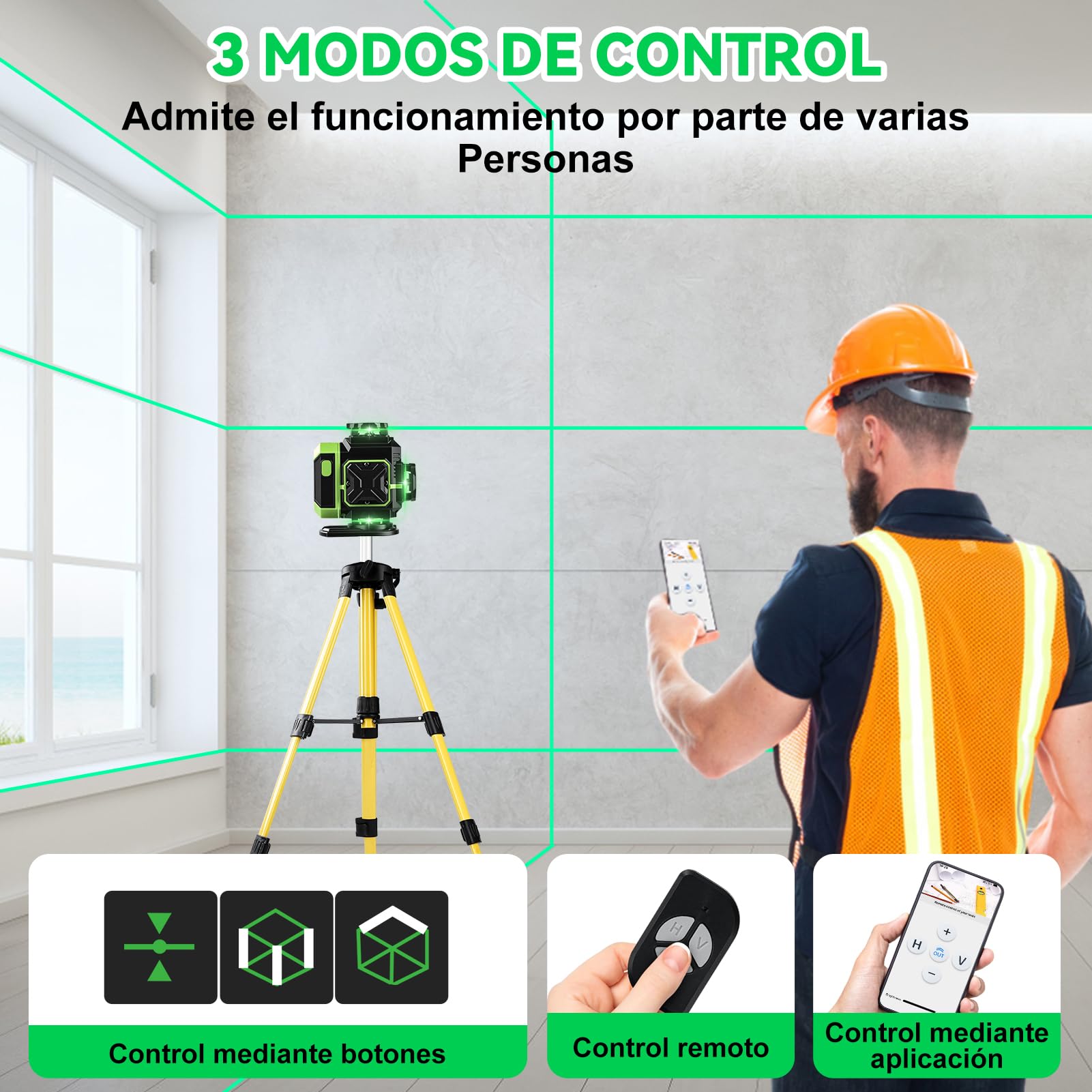 Nivel Láser Verde, 4 x 360° Nivel Laser Autonivelante 360 Grados Con 2 x 3600mAh Batería,16 Línea Láseres de Verde Cruzada Herramienta de Nivelación Vertical/Horizontal Con Soporte de Trípode