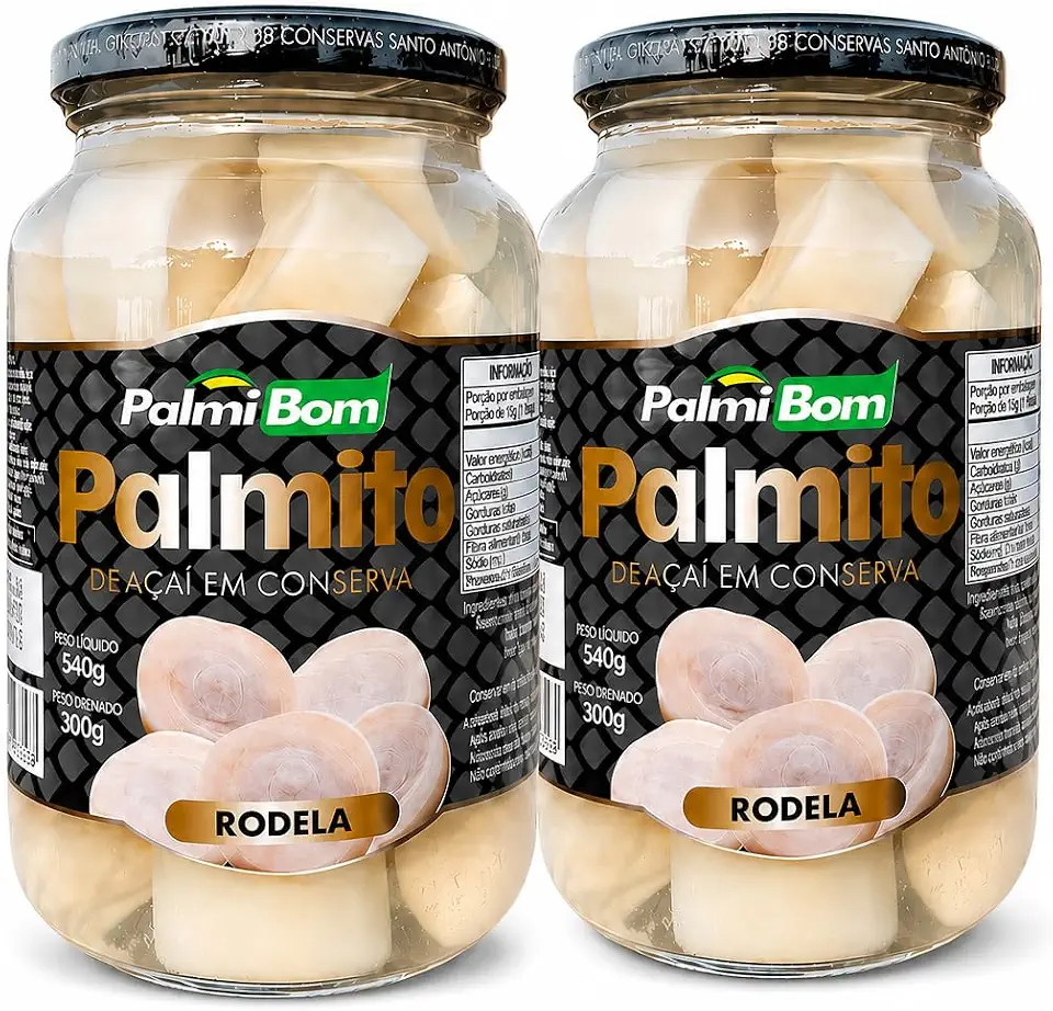 PalmiBom Palmito de Açaí em Conserva, Rodela, 540g por Vidro, Kit com 2 Unidades, Ideal para Saladas e Pizzas