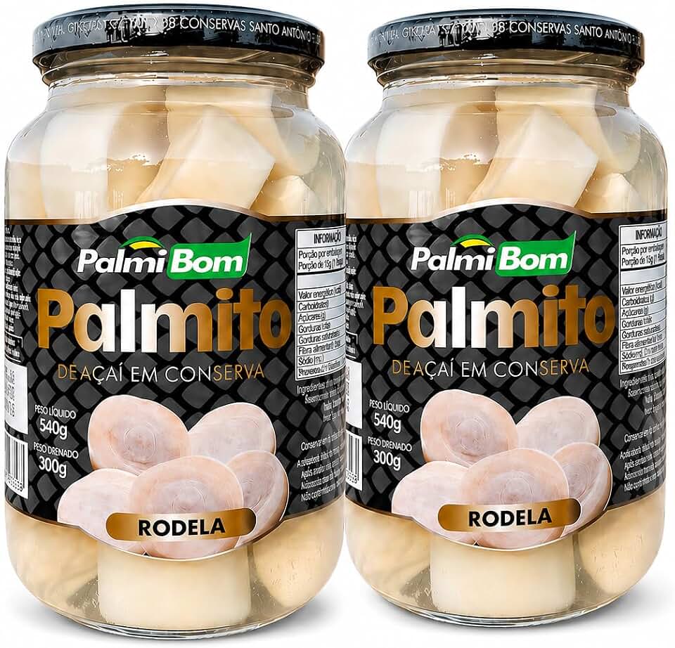PalmiBom Palmito de Açaí em Conserva, Rodela, 540g por Vidro, Kit com 2 Unidades, Ideal para Saladas e Pizzas