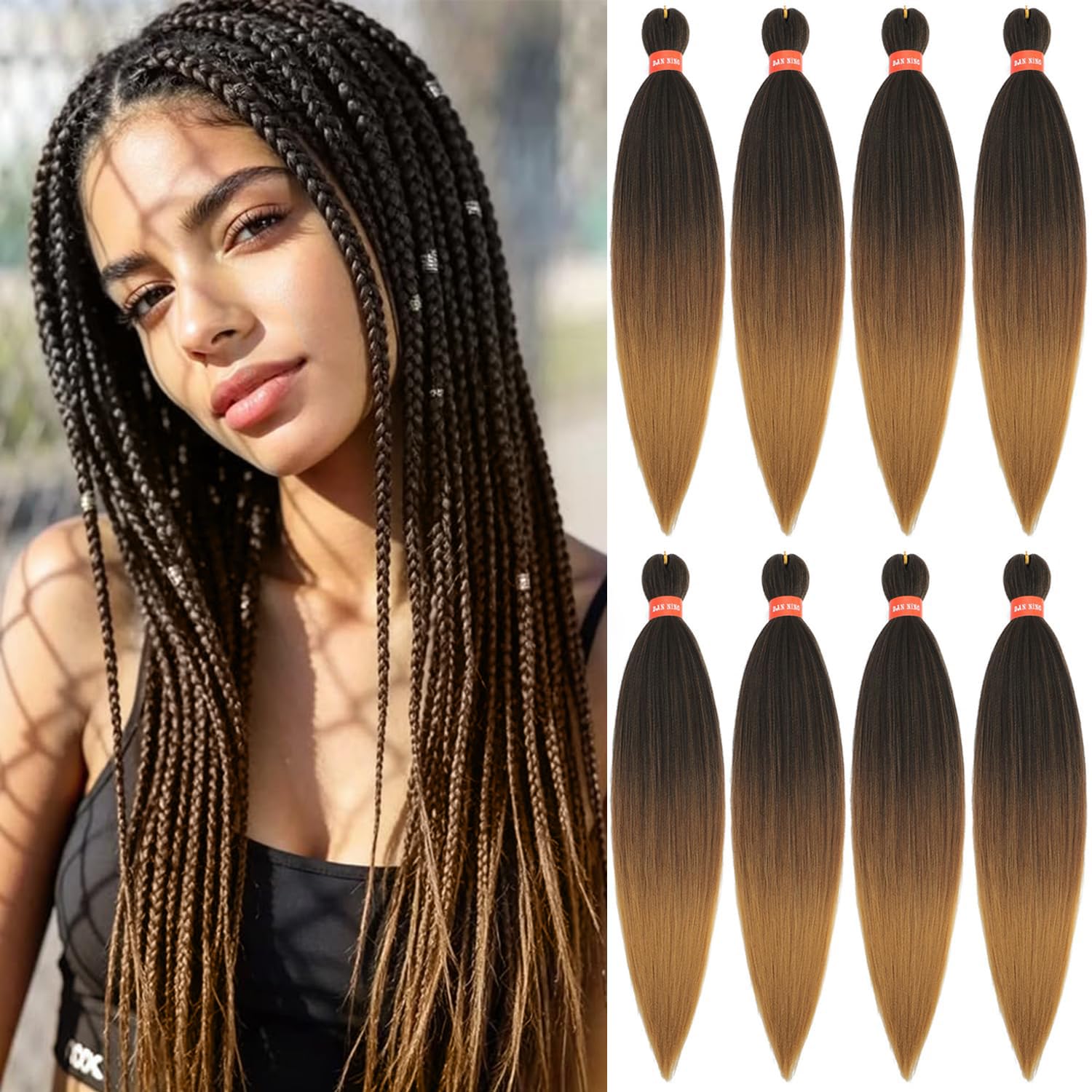 Ombre Pre-stretched Braiding Hair, Top Silky Braid Hair Extensions, Itch Free Crochet Twist Hair Braids, Yaki Texture Original Braiding Hair Pre Stretched, 0.21 pound/bundle (24''-8 bundles, 1b/30/27)