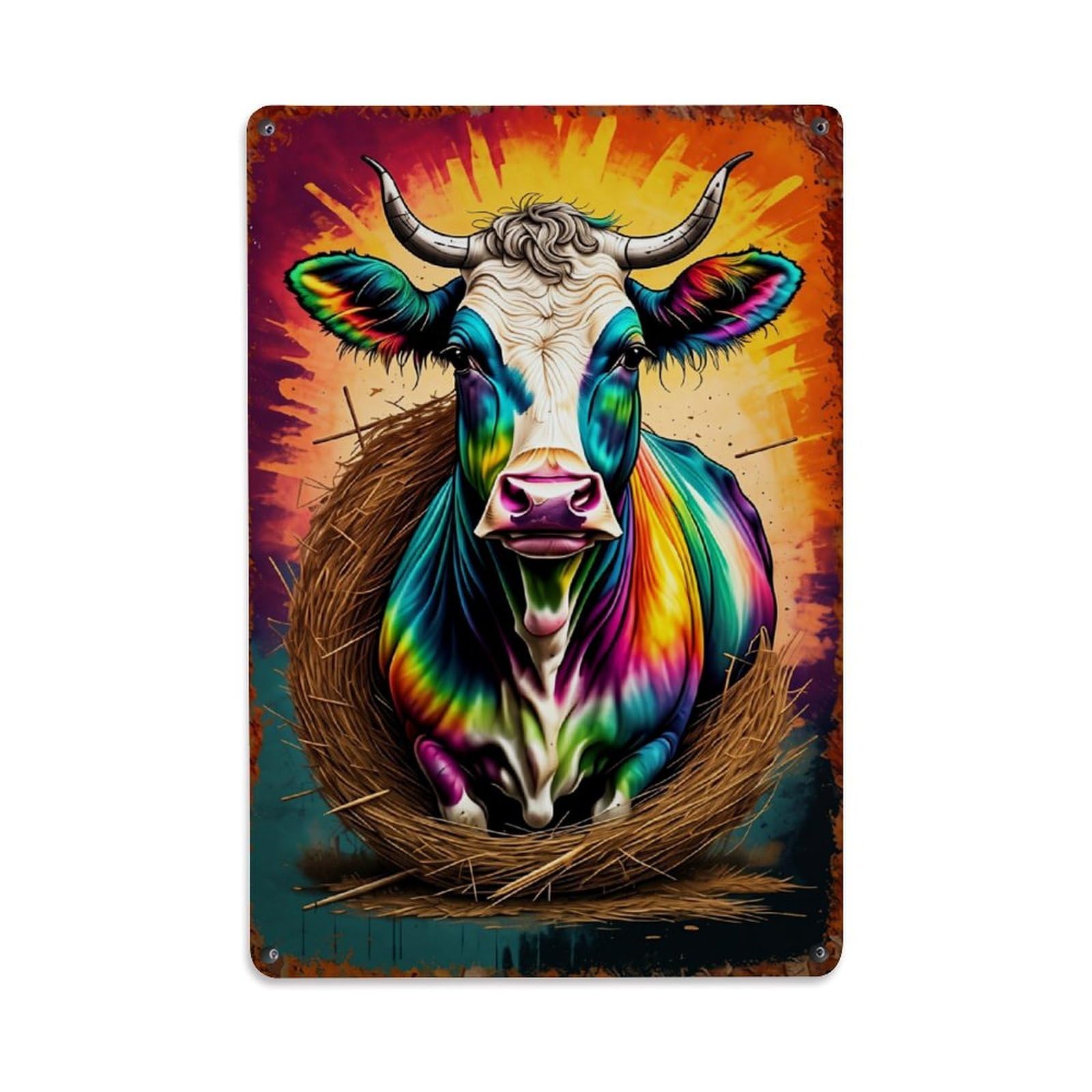 Jdfenggu Vintage Rainbow Cow In Nest Retro Metal Tin Sign, Metal Poster For Bar, Home, Man Cave, Kitchen, Laundry Room Art Decor 8X12 Inch