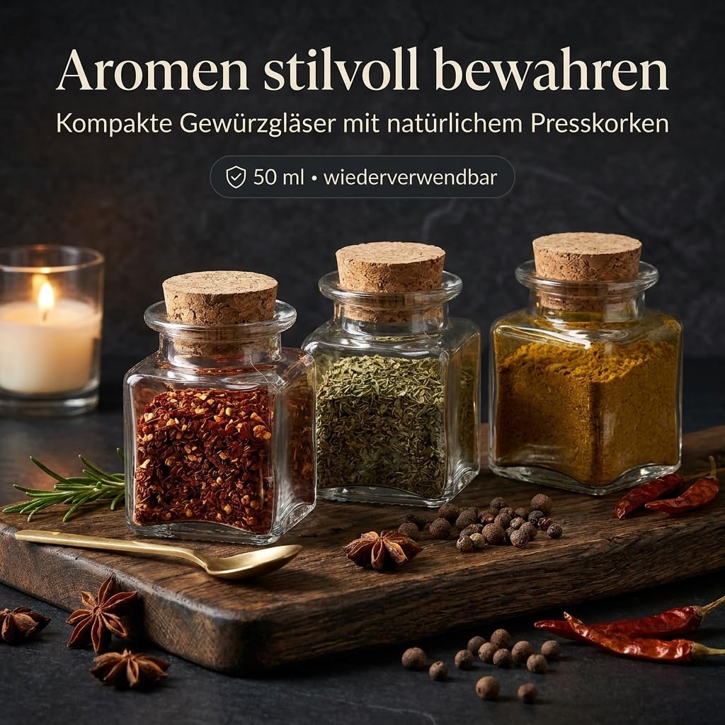 gouveo Zestaw 12 słoików na przyprawy, 50 ml (0,05 l), prostokątne/kwadratowe, z korkiem prasowanym, zamknięciem wtykowym, przezroczyste szkło, mini słoiki do przechowywania przypraw, ziół, herbaty