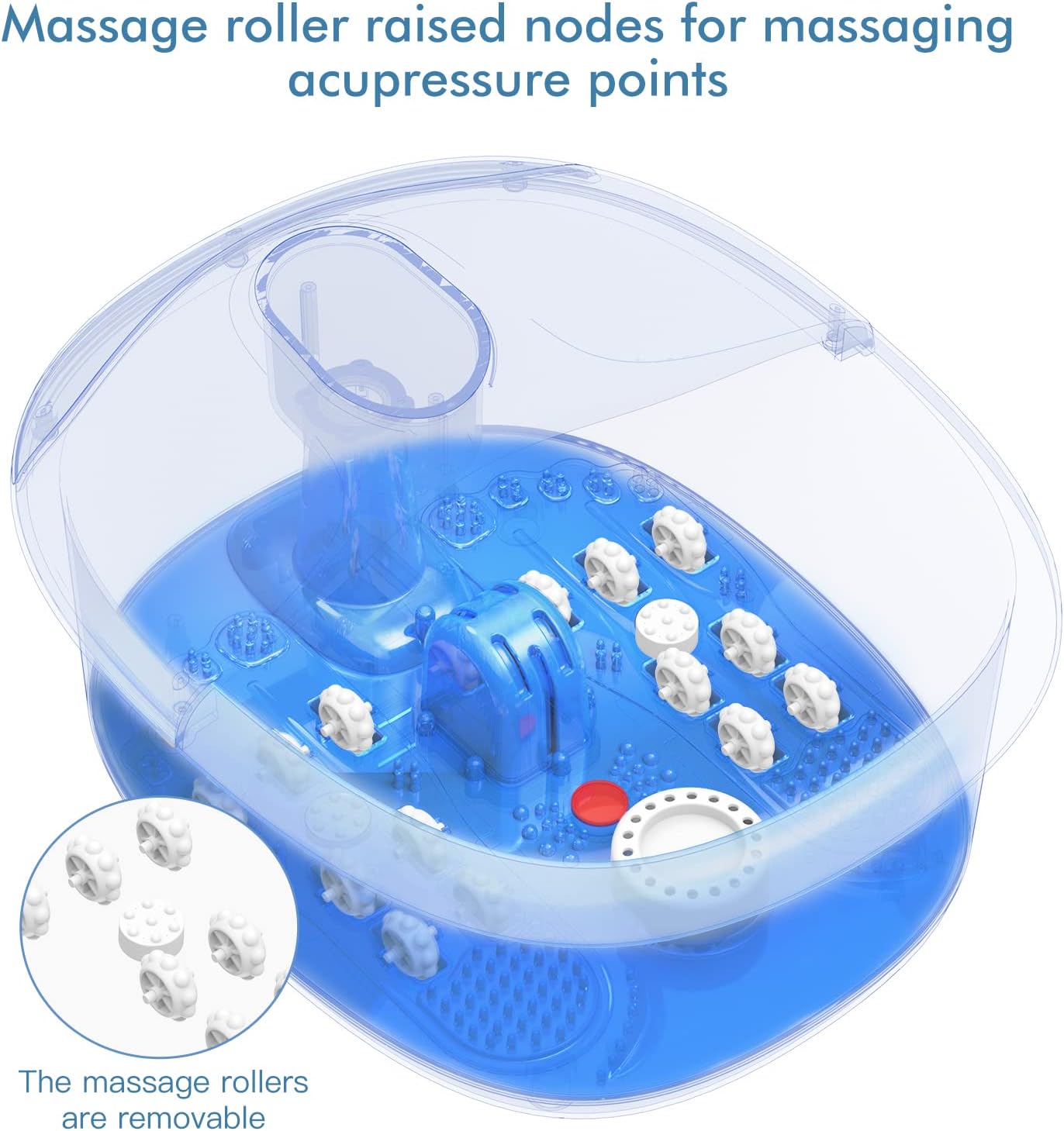 Diagram showing removable massage rollers and raised nodes for acupressure
